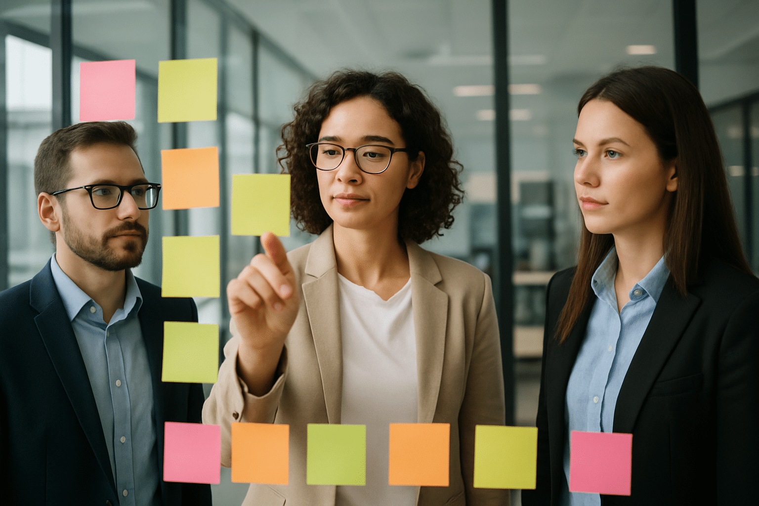 imagem onde mostra três pessoas reunidas em um ambiente corporativo, provavelmente em uma sala de reuniões ou coworking. Eles estão de frente para uma parede de vidro ou quadro branco coberto com diversos post-its coloridos. Uma mulher, ao centro, está interagindo com os post-its, apontando ou colando um deles, enquanto os outros dois — um homem e outra mulher — observam com atenção. Todos parecem estar focados e envolvidos em uma atividade colaborativa, como planejamento estratégico, brainstorming ou organização de tarefas. A atmosfera é moderna e profissional, com elementos visuais que sugerem um ambiente voltado para inovação, criatividade e trabalho em equipe.