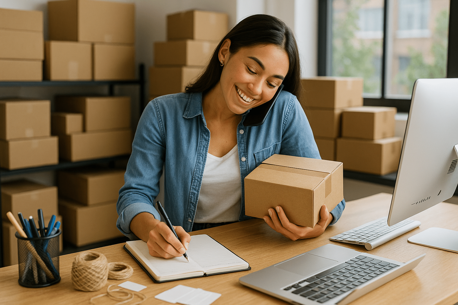 Imagem de uma mulher jovem trabalhando em um ambiente que parece ser o de um pequeno e-commerce ou negócio online. Ela está sorrindo, segurando uma caixa com uma das mãos, enquanto fala ao telefone apoiado no ombro e anota algo em um caderno com a outra mão — demonstrando multitarefa. O cenário inclui: Uma mesa de trabalho com objetos de escritório (canetas, notebook, barbantes, etiquetas, etc.); Várias caixas de papelão empilhadas, tanto na mesa quanto ao fundo, indicando o envio de produtos; Um computador de mesa moderno; Iluminação natural vinda de janelas ao fundo; A cena transmite organização, empreendedorismo e produtividade — ideal para ilustrar conteúdos relacionados a negócios online, gestão de e-commerce, ou contabilidade para pequenos empreendedores