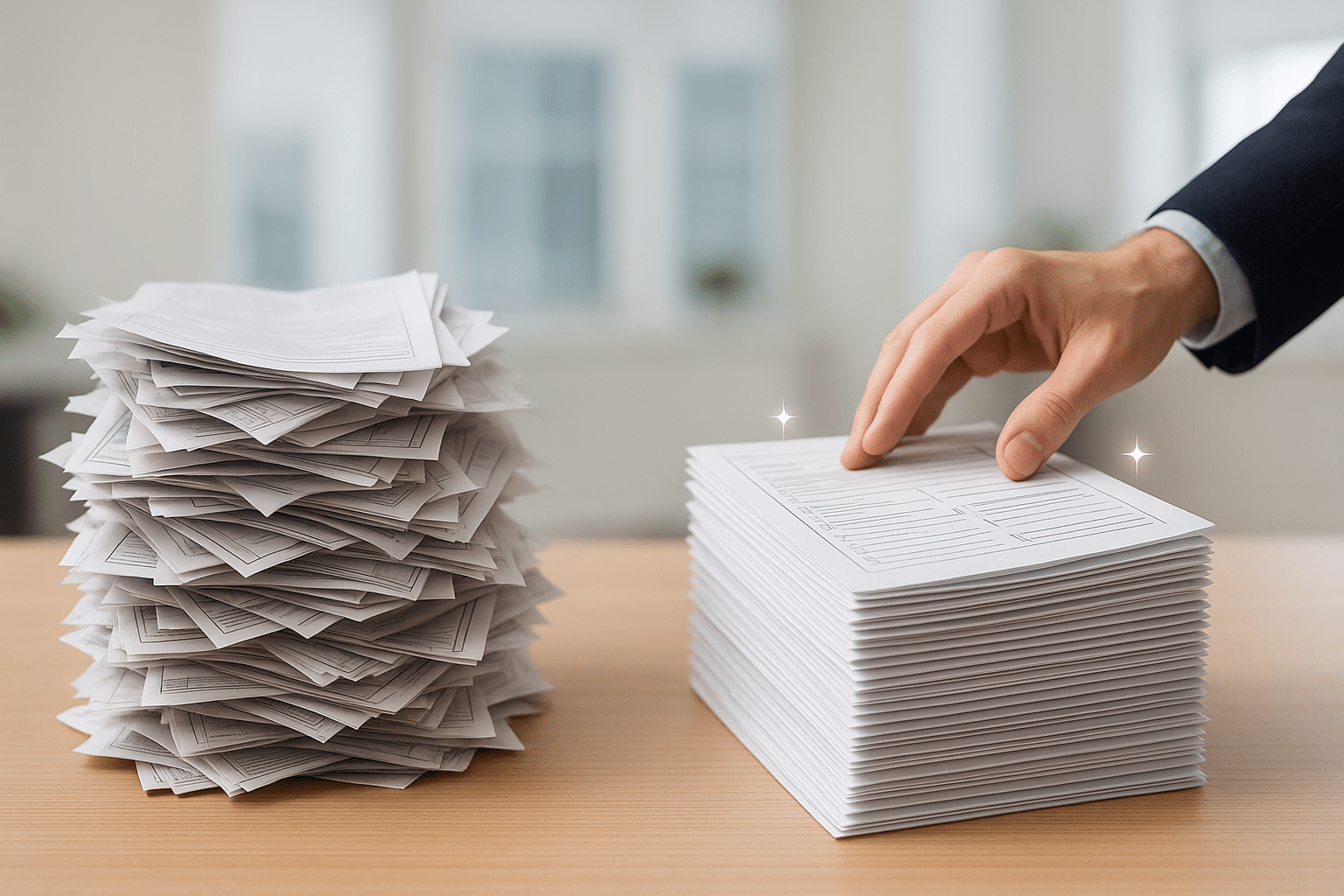 Uma imagem que represente a complexidade da burocracia sendo simplificada. Pode ser uma pilha desorganizada de papéis ou formulários em um lado, e no outro, os mesmos papéis transformados em documentos organizados, limpos e com um brilho de eficiência. Uma mão humana (símbolo de assistência ou expertise) pode estar no processo de organização. O fundo deve ser um ambiente corporativo limpo, com cores suaves para destacar a transição da desordem para a clareza e conformidade."