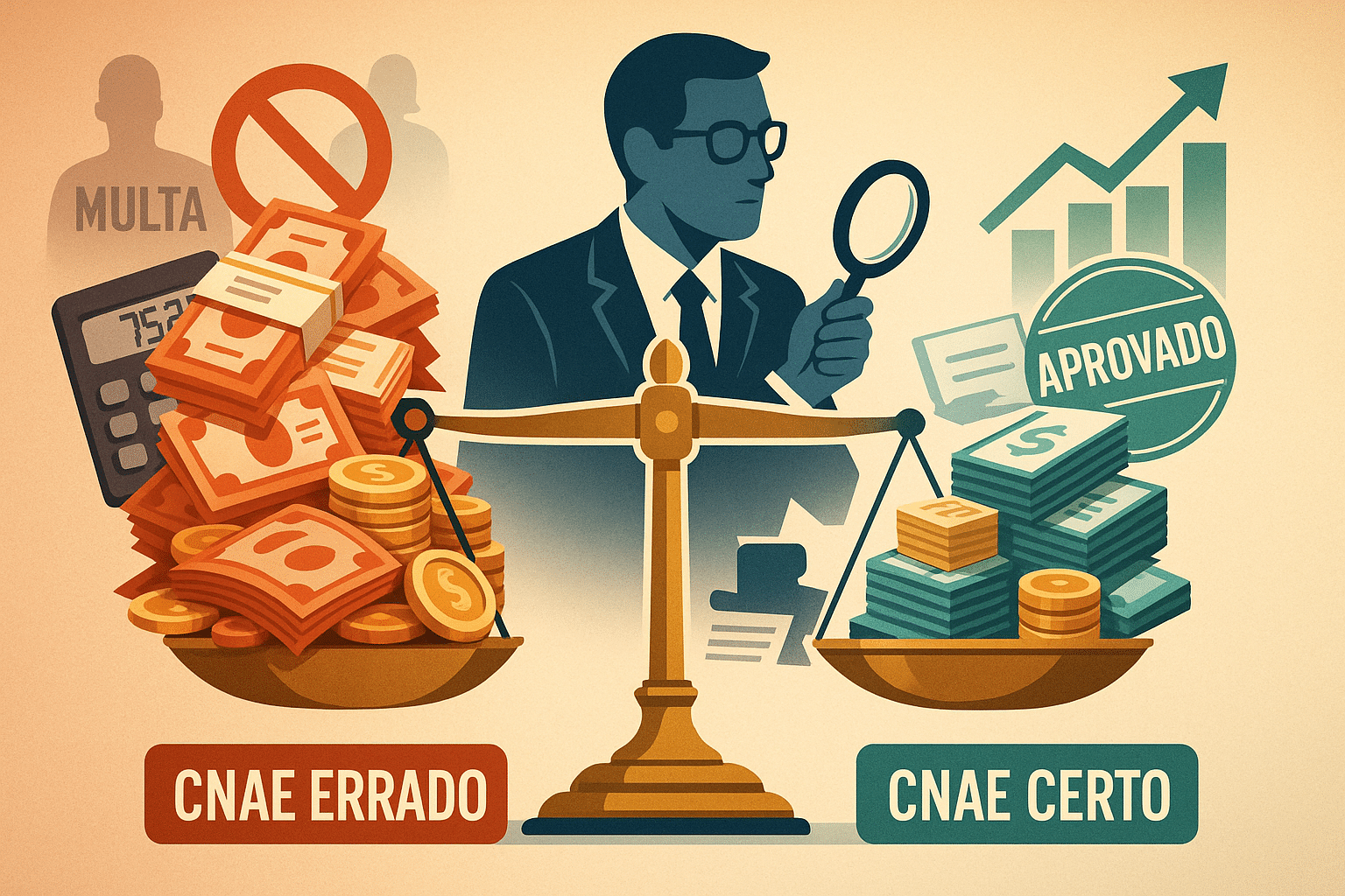 imagem que represente visualmente a complexidade e os perigos de um CNAE errado, e a solução de ter um CNAE correto, com foco na otimização tributária