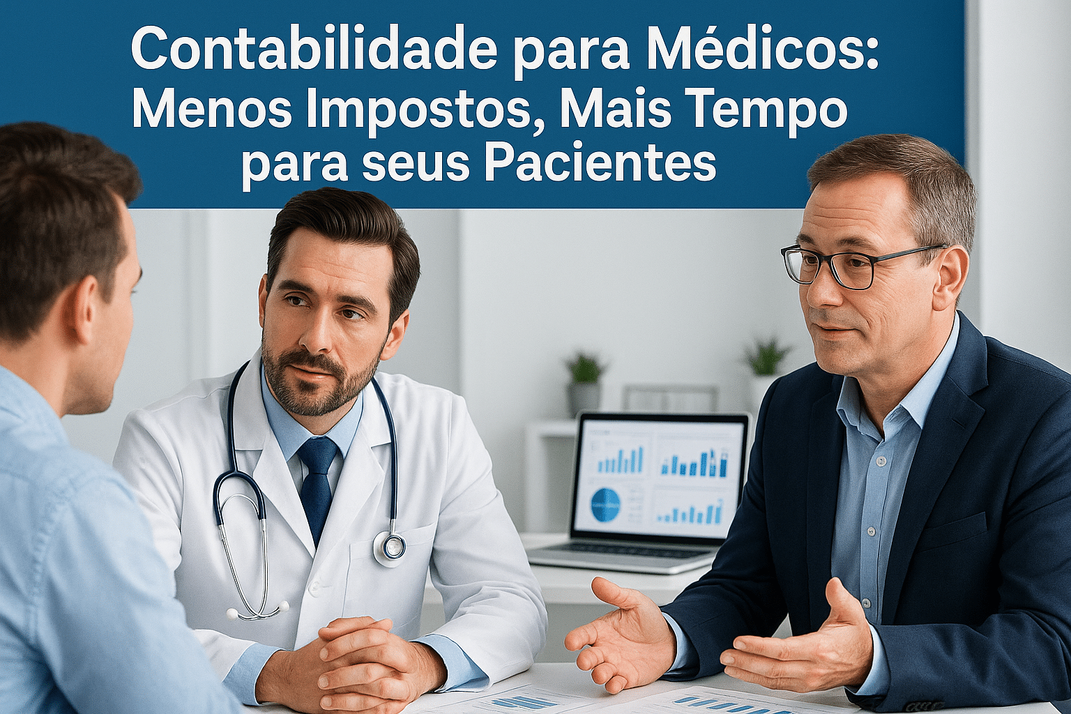 Imagem com um médico de jaleco atendendo um paciente, com uma mesa ao fundo contendo relatórios financeiros e um notebook aberto com gráficos. Ao lado, um contador orientando o médico com expressão tranquila. Cores profissionais (azul e branco), estilo moderno e clean. Texto sobreposto: ‘Contabilidade para Médicos: Menos Impostos, Mais Tempo para seus Pacientes