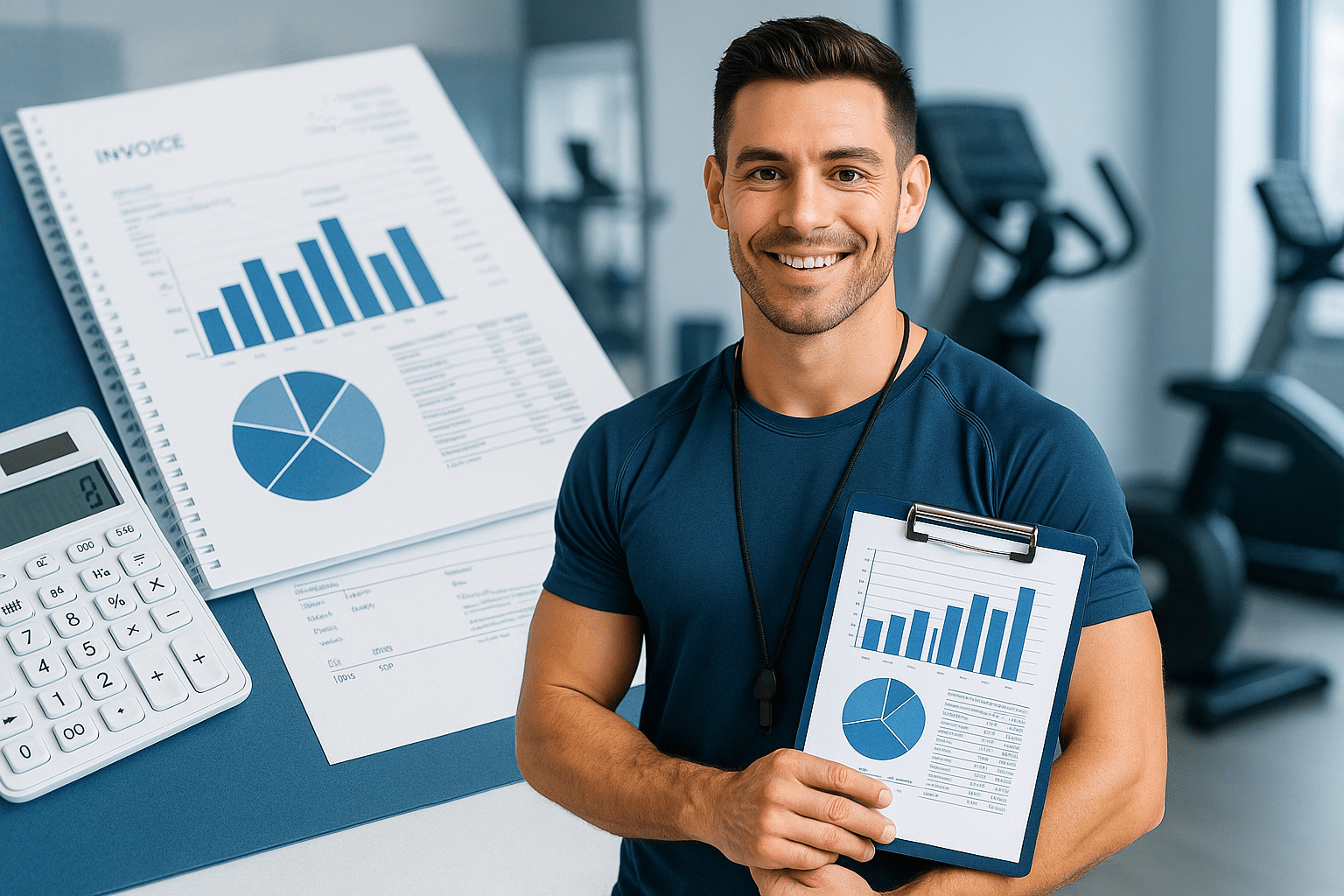 Imagem profissional e moderna de um personal trainer ou instrutor de academia, em um ambiente de treino, segurando uma planilha ou notebook com dados financeiros. Elementos visuais de contabilidade como gráficos, calculadora, documentos fiscais em segundo plano. Cores azul e branco, estilo clean e corporativo