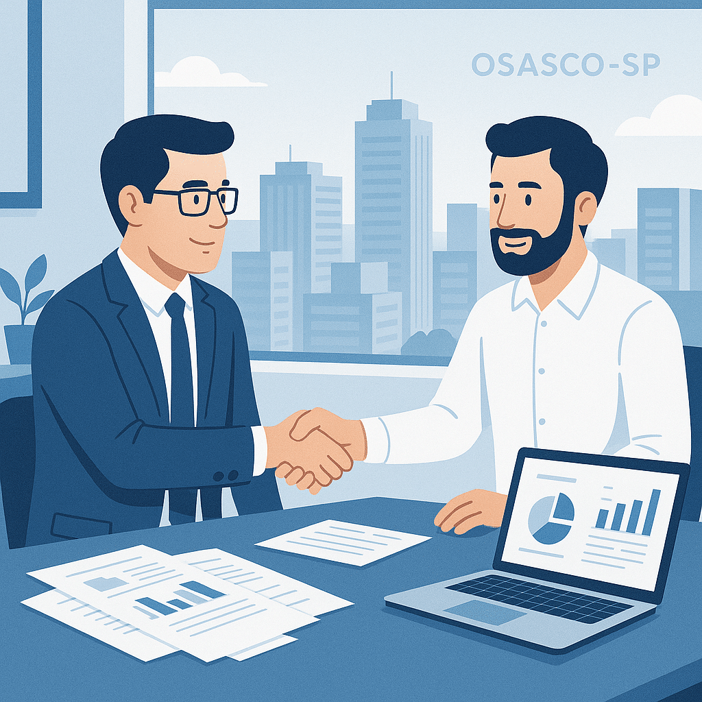 Ilustração moderna de um contador e um pequeno empresário apertando as mãos em um escritório com vista para Osasco-SP ao fundo. Ambiente profissional, papéis de contabilidade sobre a mesa, notebook aberto com gráficos, tons em azul e branco, estilo limpo e corporativo.”