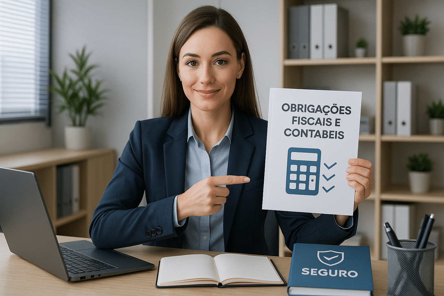 Uma imagem ultra realista moderna e profissional de uma mulher que represente a descomplicação das obrigações fiscais e contábeis para corretoras de seguros. A cena deve incluir elementos visuais que transmitam segurança, organização e clareza em um ambiente de escritório.