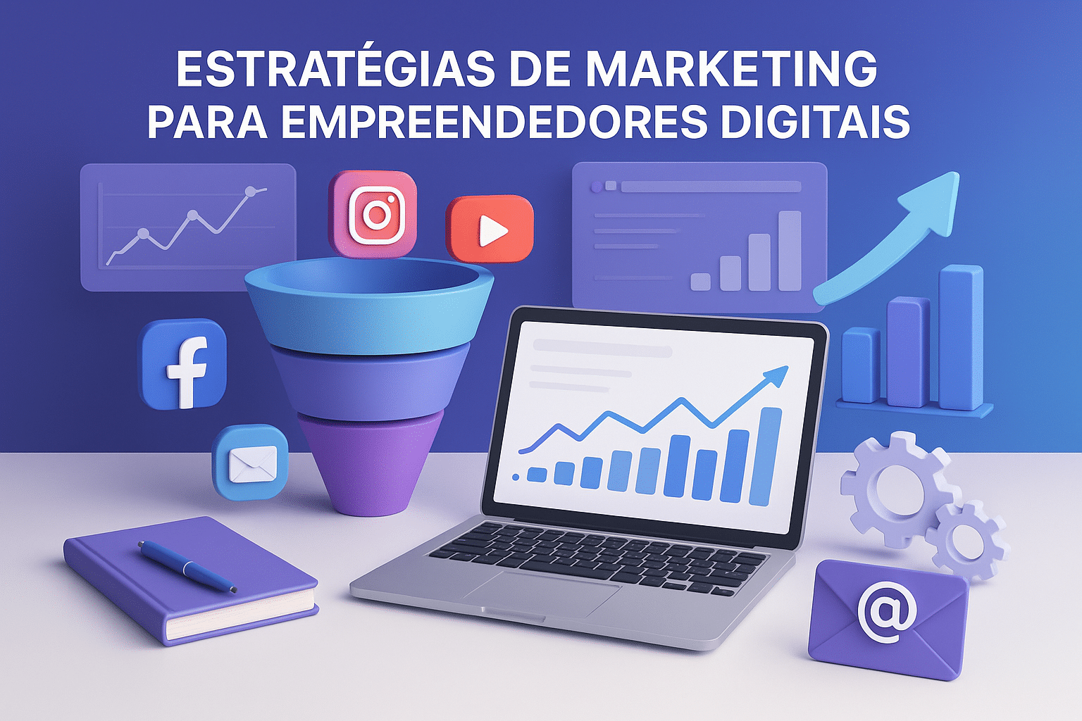 magem moderna e conceitual que represente “Estratégias de Marketing para Empreendedores Digitais”, sem a presença de pessoas. A cena deve incluir elementos como notebook aberto com gráficos de desempenho, funil de vendas, ícones de redes sociais (Instagram, YouTube, Facebook), símbolos de e-mail marketing, engrenagens, gráficos de barras e setas de crescimento. O fundo pode ser um ambiente digital ou abstrato, como uma mesa organizada com objetos tecnológicos ou um cenário de tela com dashboards e painéis flutuando. Use uma paleta de cores que transmita inovação, criatividade e tecnologia (tons de azul, roxo, branco e cinza). Estilo realista ou 3D com iluminação suave e aparência limpa e inspiradora.