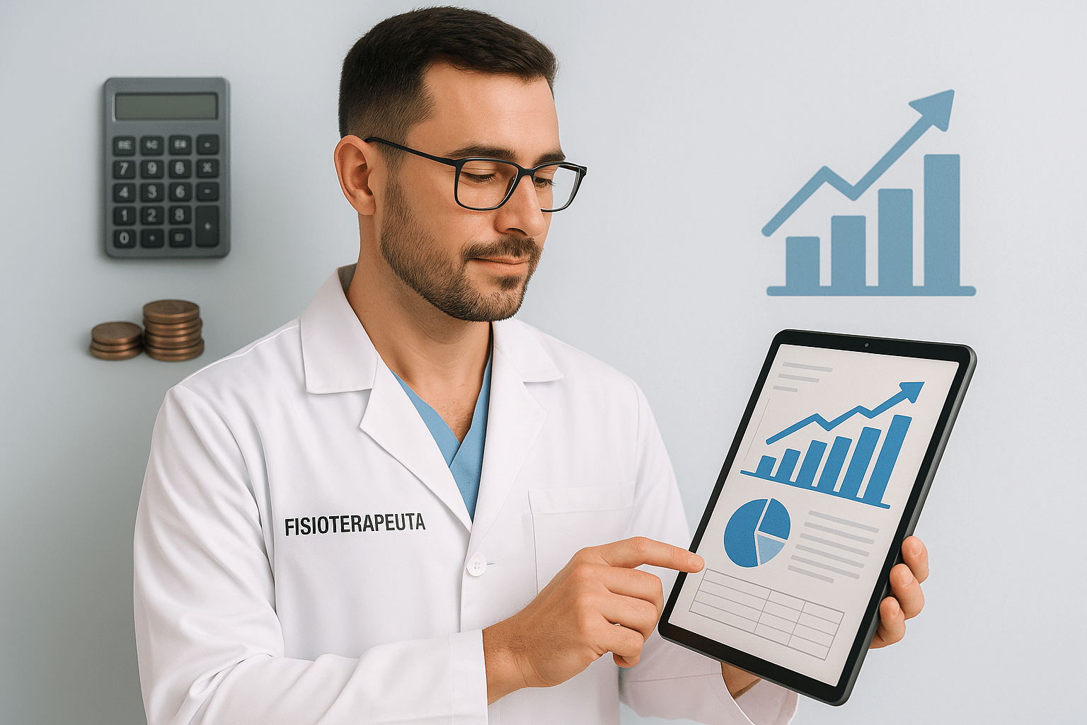 imagem de um fisioterapeuta profissional, vestido com jaleco branco, olhando com confiança para um tablet que exibe gráficos financeiros e documentos fiscais. Ao fundo, elementos sutis como uma calculadora, uma pequena pilha de moedas e um gráfico estilizado mostrando crescimento financeiro. A atmosfera geral deve transmitir uma sensação de organização, segurança e expertise na gestão de finanças e impostos, especificamente para profissionais de saúde. A imagem deve ser limpa, moderna e profissional, talvez com uma paleta de cores suave e convidativa.