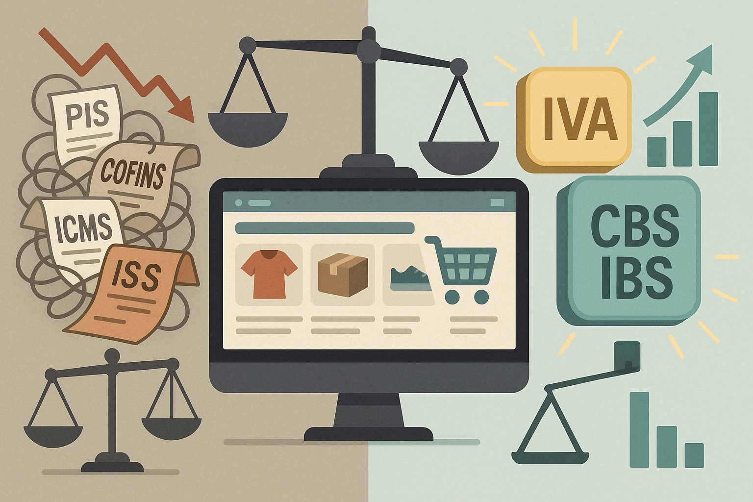 imagem que represente visualmente os impactos da Reforma Tributária no e-commerce.No centro, um monitor de computador ou tablet exibindo um site de e-commerce, com produtos e um carrinho de compras. Ao redor do monitor, elementos que simbolizem a complexidade e a simplificação pós-reforma: De um lado (antes da reforma): Muitas notas fiscais emaranhadas, papéis com diferentes siglas de impostos (PIS, COFINS, ICMS, ISS) em cores distintas, transmitindo a ideia de confusão e burocracia. Do outro lado (depois da reforma): Duas grandes moedas ou blocos limpos com as siglas "IVA" ou "CBS/IBS", com raios de luz ou setas indicando clareza e unificação. Uma balança pode estar presente, com um lado pesado antes (impostos múltiplos) e um lado mais equilibrado ou leve depois (IVA simplificado), simbolizando a busca pela justiça fiscal. Pequenos elementos que representem dados financeiros (gráficos de barras ou linhas) apontando para cima (otimização de custos/lucros) no lado pós-reforma e para baixo (desafios de custos) no lado pré-reforma. Cores: Utilize tons que transmitam tanto a complexidade (cinzas, tons terrosos) quanto a modernização e a esperança (azuis claros, verdes, tons metálicos). Estilo: Gráfico, moderno, com elementos de infográfico, talvez com um toque de inteligência artificial ou dados digitais. Não deve ser muito literal ou caricato, mas sim simbólico e impactante.