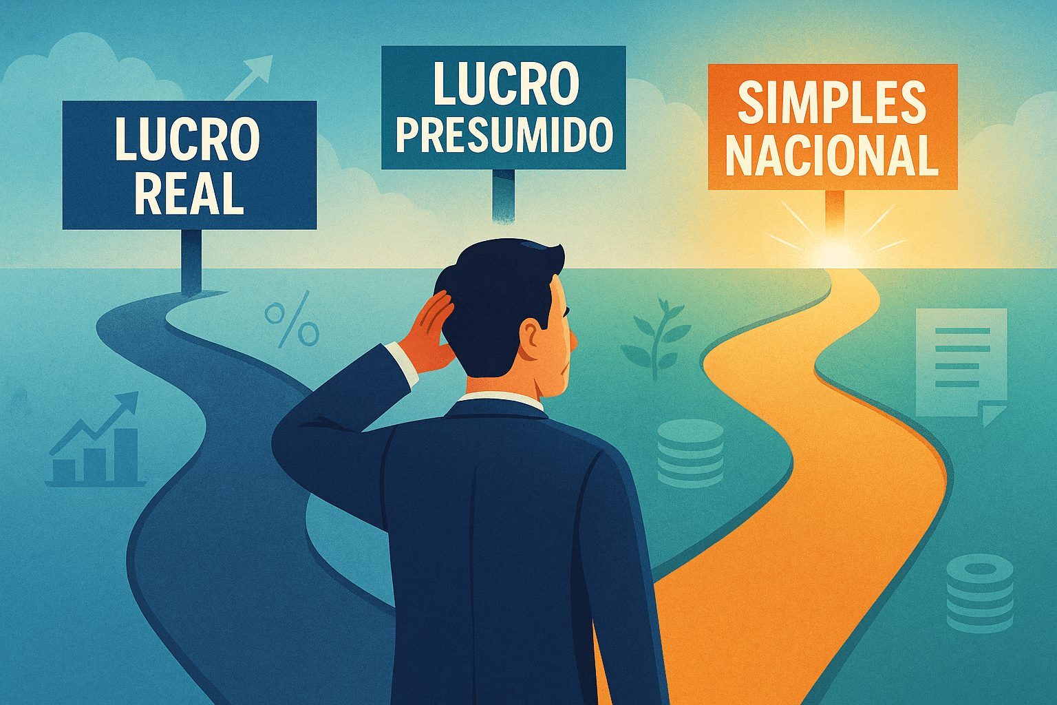 imagem de um empreendedor escolhendo entre as opções de regime tributário Lucro Real, Lucro Presumido e Simples Nacional. Destaque para a decisão estratégica de impostos e contabilidade para sua empresa.