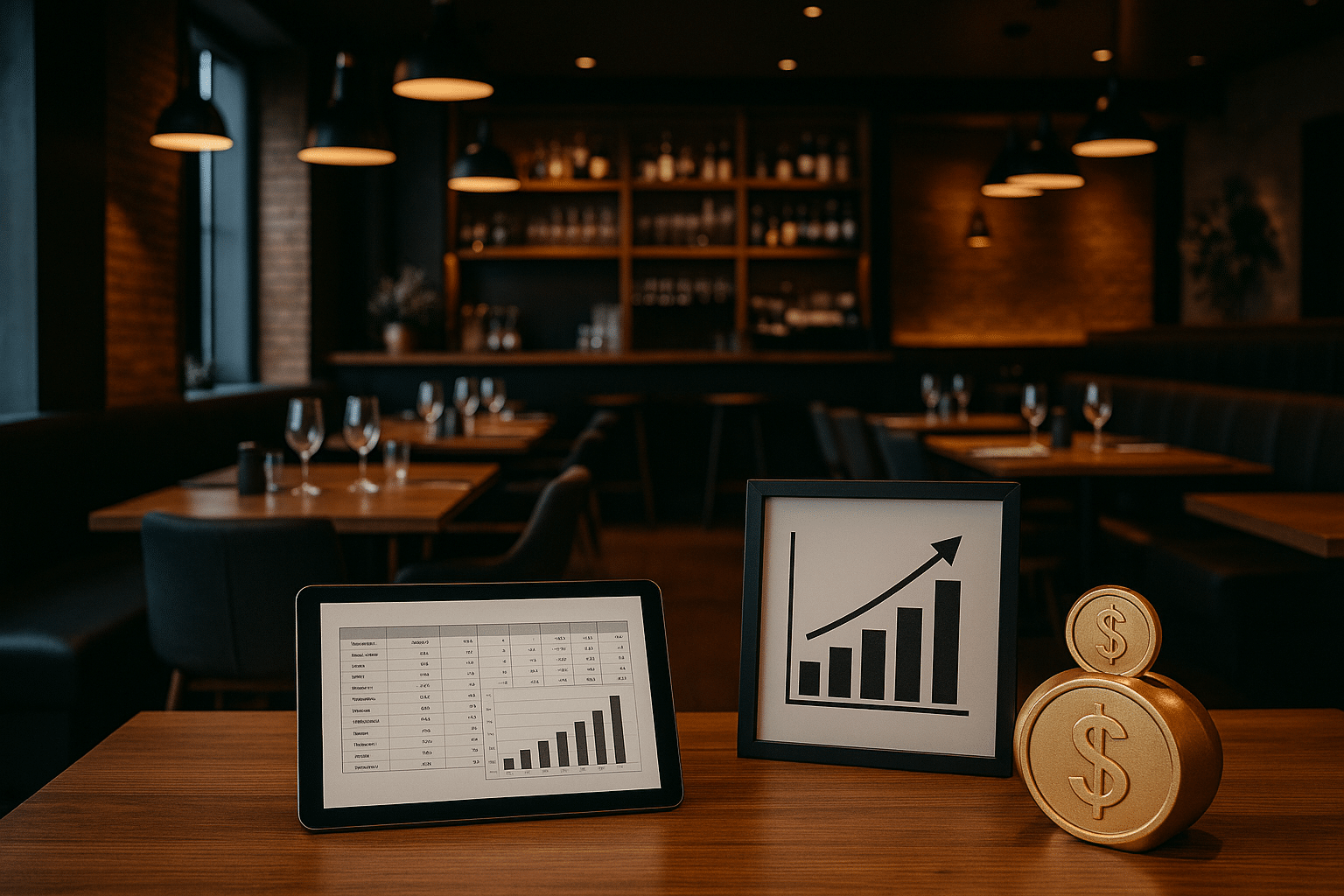 imagem de um interior de restaurante ou bar convidativo e moderno, com elementos sutis que remetem à gestão financeira e ao crescimento, como um gráfico discreto ou uma planilha em um tablet, ou um cofrinho estilizado. A sensação geral deve ser profissional e acolhedora, sugerindo sucesso e estabilidade na indústria de serviços alimentícios