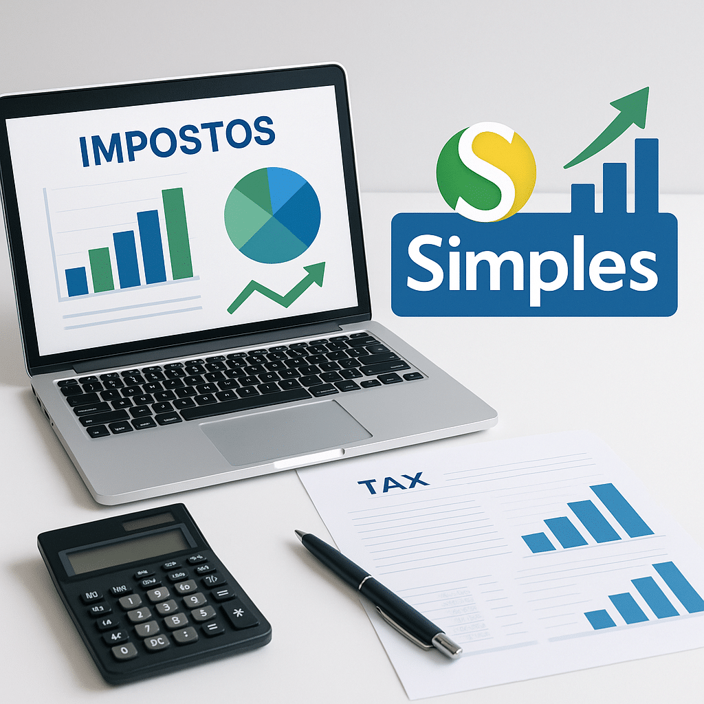 imagem conceitual e moderna de mesa de trabalho organizada com notebook aberto exibindo gráficos de impostos, calculadora, documentos fiscais e caneta. Sobre a mesa, destaque para um ícone do Simples Nacional (como o símbolo do regime ou a palavra “Simples” em destaque), junto a setas e gráficos ilustrando economia de tributos. O fundo deve ser limpo e profissional, com cores predominantes em azul, verde e branco, transmitindo segurança, transparência e planejamento financeiro.