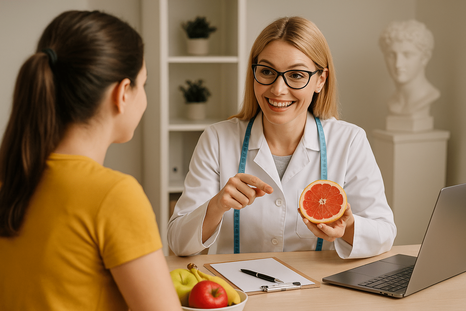 imagem que mostra uma nutricionista atendendo uma paciente em um consultório. A profissional, de cabelos loiros e usando óculos, veste jaleco branco e tem uma fita métrica azul em volta do pescoço. Ela está sorrindo e segurando uma metade de grapefruit, apontando para ela como se estivesse explicando algo sobre a fruta. À frente dela, há uma paciente com cabelos castanhos presos em um rabo de cavalo, usando uma blusa amarela, que está parcialmente de costas para a câmera. Sobre a mesa, há uma tigela com frutas, incluindo maçãs e bananas, além de um laptop e uma prancheta com papel. Ao fundo, é possível ver uma escultura clássica. A cena transmite uma atmosfera de orientação nutricional saudável e acolhedora.