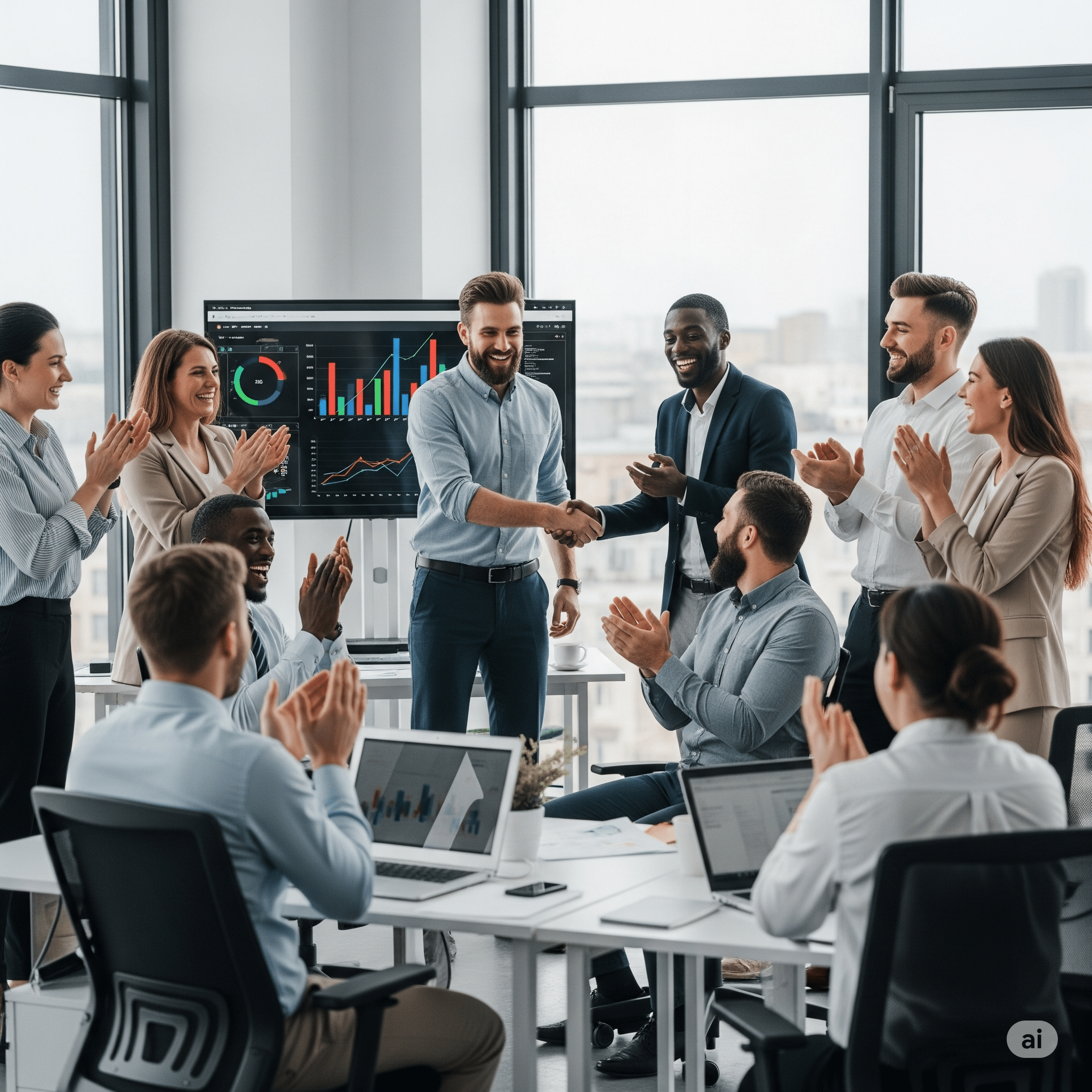 A imagem mostra uma equipe de profissionais comemorando um sucesso em um escritório moderno. No centro, dois homens se cumprimentam com um aperto de mão, enquanto o restante do grupo, composto por homens e mulheres, aplaude e sorri. Ao fundo, uma grande tela de TV exibe gráficos e tabelas financeiras coloridas, indicando crescimento. O ambiente é iluminado e clean, com grandes janelas que revelam a paisagem da cidade. A cena transmite uma sensação de trabalho em equipe, conquista e satisfação.