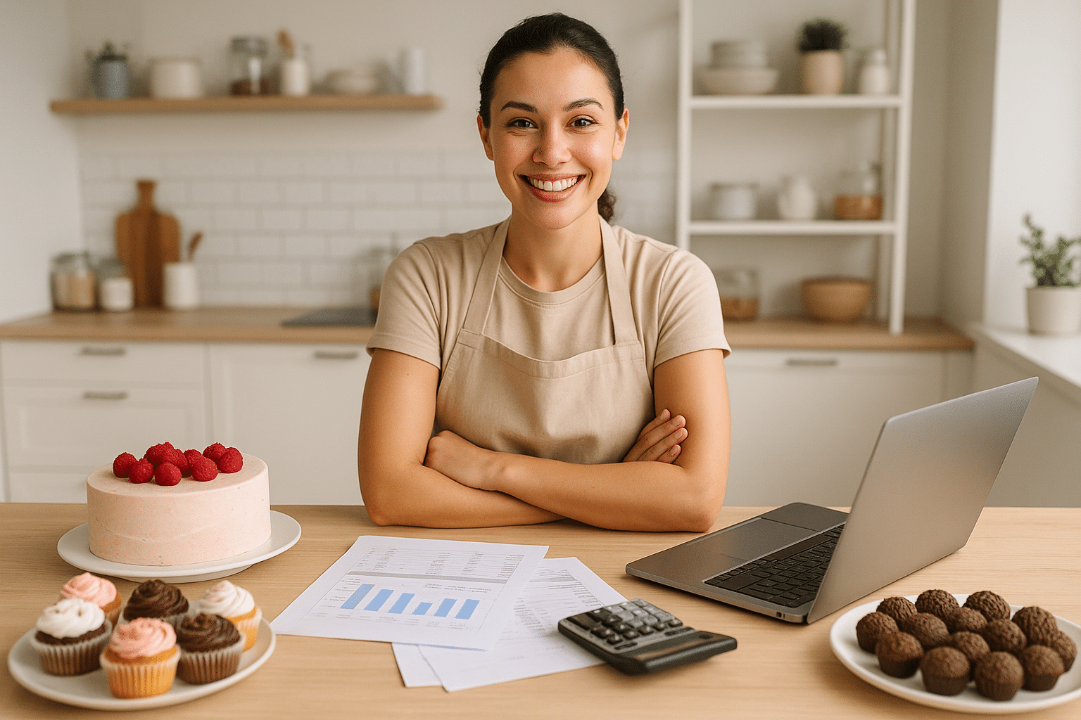 imagem conceitual e atrativa mostrando uma confeiteira sorrindo, usando avental em uma cozinha organizada, ao lado de doces como cupcakes, bolos e brigadeiros. Sobre a mesa, documentos, uma calculadora e um notebook abertos — simbolizando a organização contábil do negócio. Ao fundo, ambiente claro e profissional. A imagem deve transmitir sucesso, planejamento e crescimento no negócio de doces. Estilo realista, luz suave, estética de redes sociais.