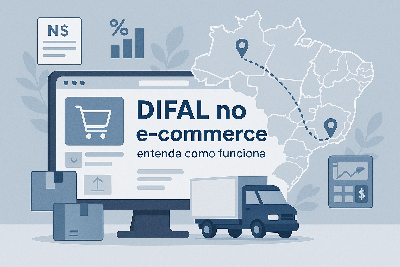 imagem profissional e moderna representando o conceito de DIFAL no e-commerce. O cenário deve mostrar um ambiente digital de loja virtual (e-commerce) com elementos visuais de transporte interestadual (caminhões, caixas ou rotas entre estados do Brasil), ícones de notas fiscais, gráficos de impostos e cálculos financeiros. Inserir destaque visual com o texto: ‘DIFAL no e-commerce: entenda como funciona’. As cores principais devem ser azul contábil, branco e cinza claro, transmitindo confiança, organização e profissionalismo. Estilo clean e corporativo
