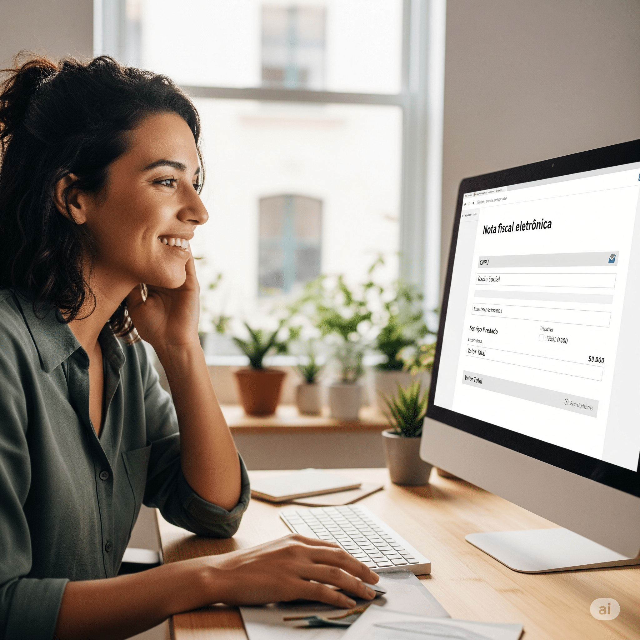 Uma pequena empresária ou um MEI (Microempreendedor Individual) sorrindo aliviada enquanto olha para a tela de um computador, onde é visível um formulário de nota fiscal eletrônica. O ambiente é um escritório simples e moderno, transmitindo uma sensação de facilidade e sucesso na gestão do negócio