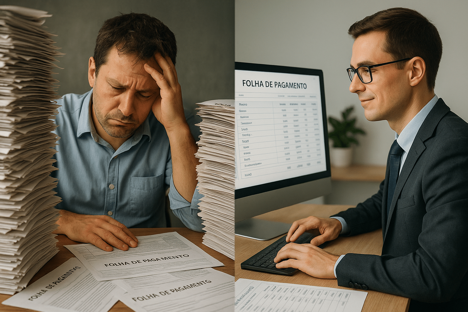 imagem digital que retrata um pequeno empresário ultra realista sobrecarregado, cercado por uma montanha de documentos de folha de pagamento em papel. Contrastando com essa cena, um contador calmo e profissional está gerenciando um sistema de folha de pagamento digital e organizado em uma tela, simbolizando a transição do caos para a ordem e a simplificação do processo