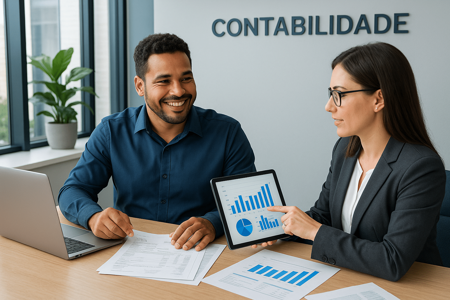 Cena profissional com um pequeno empresário e uma contadora em um ambiente moderno de escritório em Osasco. O empresário está sorrindo, com documentos e laptop à sua frente, enquanto a contadora aponta para um gráfico financeiro em uma tela ou tablet. No fundo, uma placa sutil com o nome ‘Pactual Contabilidade’. Elementos visuais incluem gráficos de desempenho, documentos fiscais e uma atmosfera de confiança e organização. Paleta de cores em azul, branco e cinza claro, transmitindo seriedade, clareza e profissionalismo.