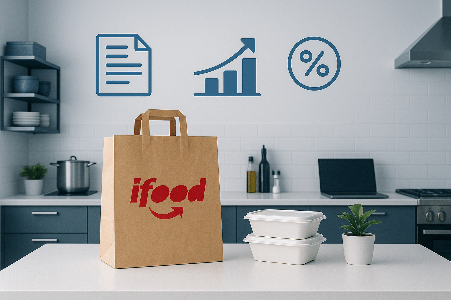 imagem umoderna mostrando um restaurante ultra realista organizado que trabalha com delivery no iFood. O cenário deve incluir elementos visuais como uma sacola de delivery com o logo real do iFood, além de ícones de notas fiscais, gráficos de finanças e símbolos de impostos ao redor, representando as obrigações fiscais e contábeis. Estilo minimalista, com cores azul contábil, branco e cinza claro para transmitir confiança, profissionalismo e organização