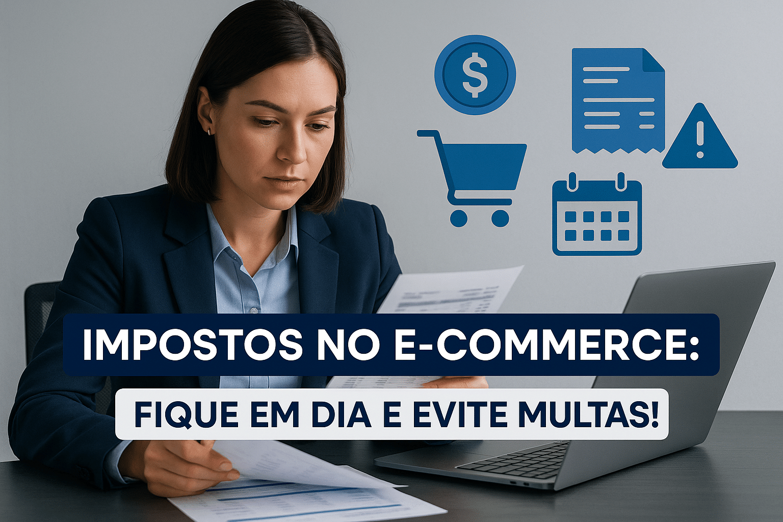 imagem ultra realista com estilo moderno e profissional que represente o tema “Impostos no E-commerce”. Mostre um empreendedor ou empreendedora sentado(a) em frente a um notebook, analisando notas fiscais ou planilhas financeiras. Ao fundo, ícones flutuantes representando dinheiro, carrinho de compras, nota fiscal, calendário e alerta de atraso. A imagem deve transmitir a ideia de responsabilidade fiscal e gestão tributária. Use a paleta de cores da identidade visual da Pactual Contabilidade: azul contábil, branco e cinza claro. Inclua um título chamativo sobreposto na imagem: "Impostos no E-commerce: Fique em Dia e Evite Multas!"