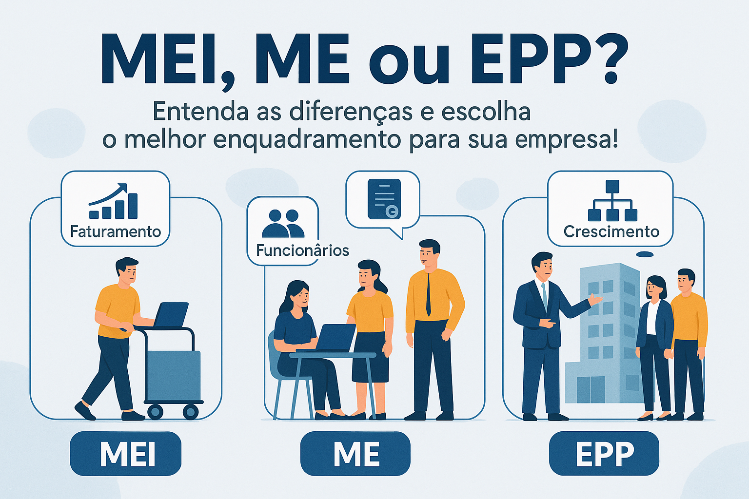 imagem em estilo moderno e profissional com o título: "MEI, ME ou EPP?" (em destaque grande) "Entenda as diferenças e escolha o melhor enquadramento para sua empresa!" (em menor destaque) Elementos visuais: Ilustração ou ícones de três tipos de empreendedores representando MEI (individual com carrinho ou notebook), ME (microempresa com 1–2 funcionários), e EPP (empresa maior com estrutura ou equipe). Fundo limpo em tons de azul contábil, branco e cinza claro Ícones ou balões de texto com: "Faturamento", "Tributação", "Funcionários", "Crescimento" Estilo visual: Flat design ou semirrealista Estética limpa, profissional e confiável Fonte legível e moderna, com destaque para palavras-chave