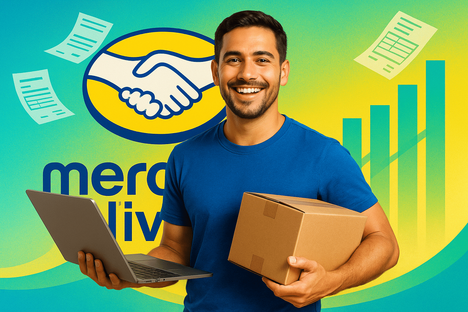magem vibrante e moderna mostrando um empreendedor (homem ultra realista) feliz, com características de MEI (talvez um notebook ou tablet em uma mão e uma caixa de produtos na outra), em frente a uma representação estilizada do logo do Mercado Livre. O fundo deve ter elementos sutis que remetam a gráficos de crescimento e notas fiscais voando, simbolizando sucesso e organização fiscal. A paleta de cores deve ser otimista, com tons de azul, amarelo e verde.