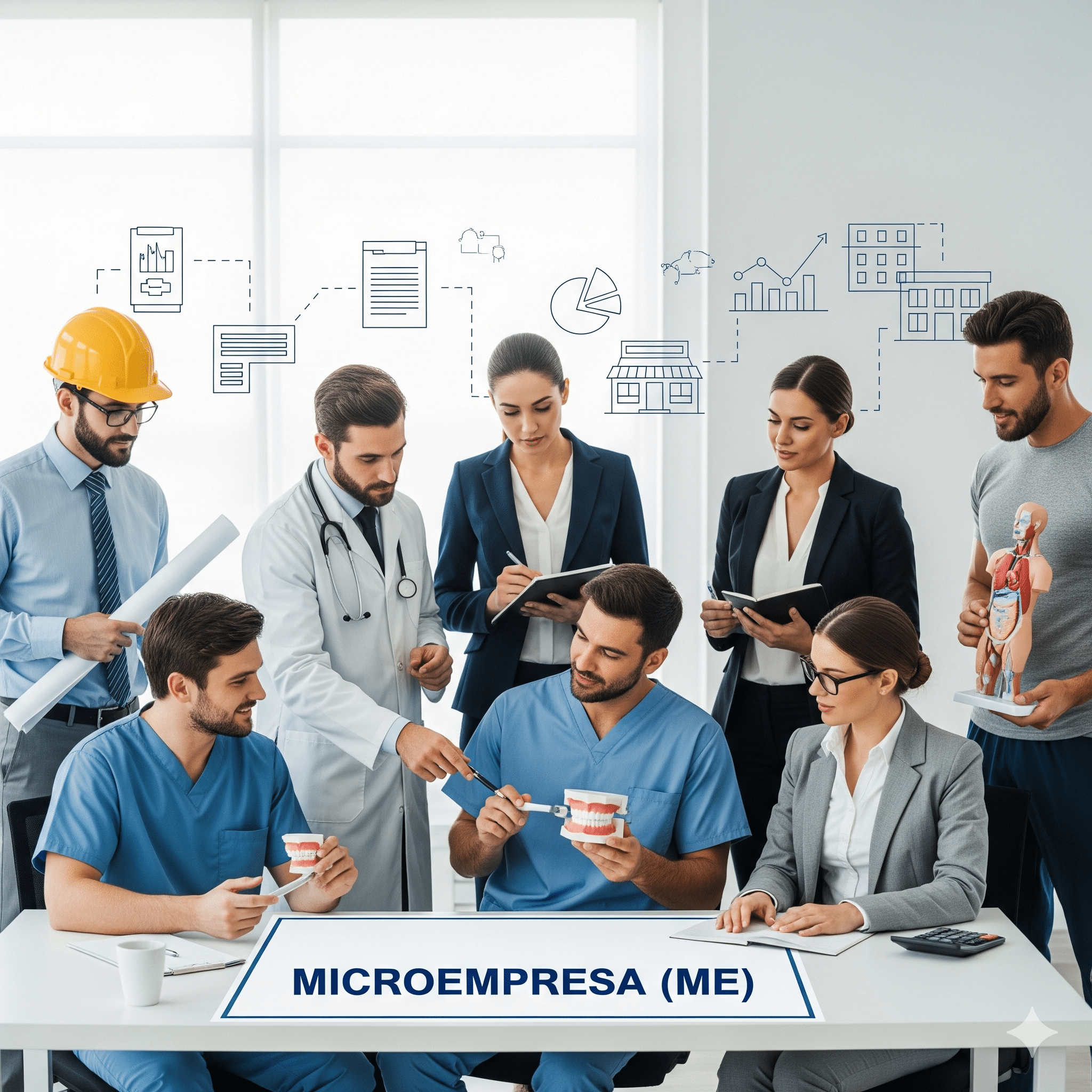 imagem ultra realista, representando diferentes profissionais liberais e de classe regulamentada (médico, advogado, engenheiro, psicólogo, dentista, contador e fisioterapeuta) ao redor de um grande documento com o título "Microempresa (ME)". O estilo deve transmitir profissionalismo, confiança e organização, em design limpo e corporativo. O fundo deve ter elementos gráficos leves de escritório e contabilidade (ícones de planilhas, gráficos, prédios comerciais pequenos). A imagem deve passar a ideia de que profissionais regulamentados também podem abrir uma Microempresa para formalizar seu trabalho.