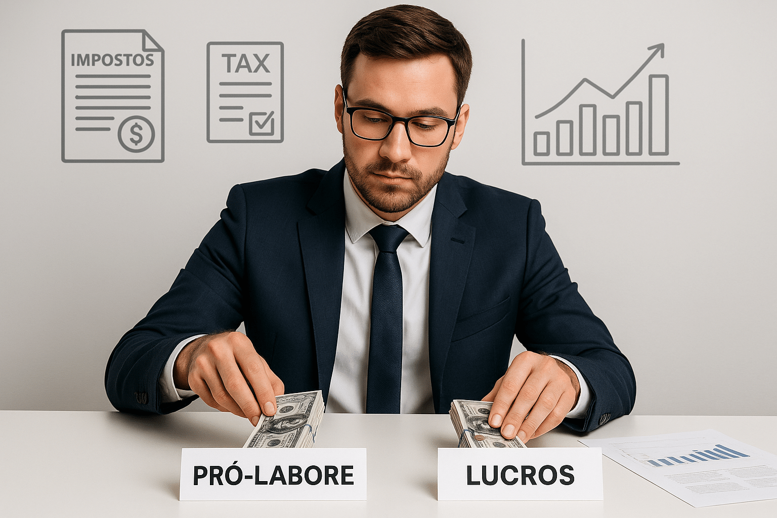 imagem moderna mostrando um empresário ultra realista dividindo dinheiro entre pró-labore e lucros, com ícones de impostos, documentos fiscais e gráficos financeiros, em estilo profissional e limpo