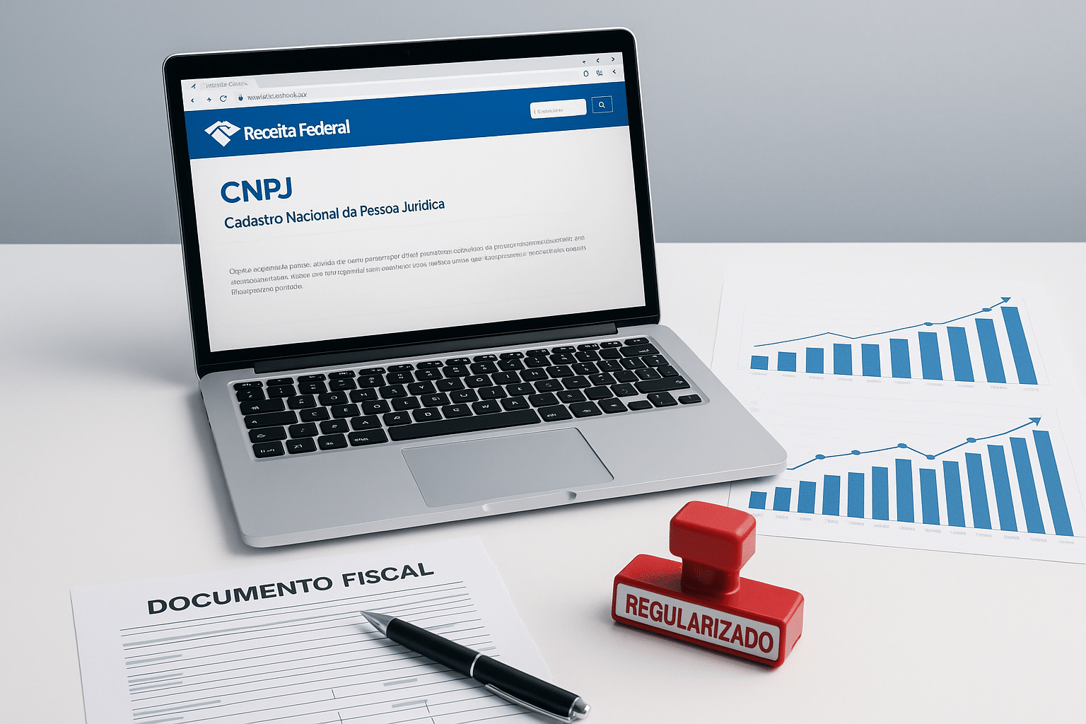 Imagem ultra profissional de uma mesa de trabalho organizada com documentos fiscais, uma caneta, um laptop aberto exibindo a página da Receita Federal com informações sobre CNPJ e um carimbo vermelho com a palavra “Regularizado”. Ao lado, gráficos financeiros em formato de barras e linhas, destacando crescimento e controle. Fundo clean, com tons de azul, branco e cinza claro para transmitir seriedade, confiança e profissionalismo.