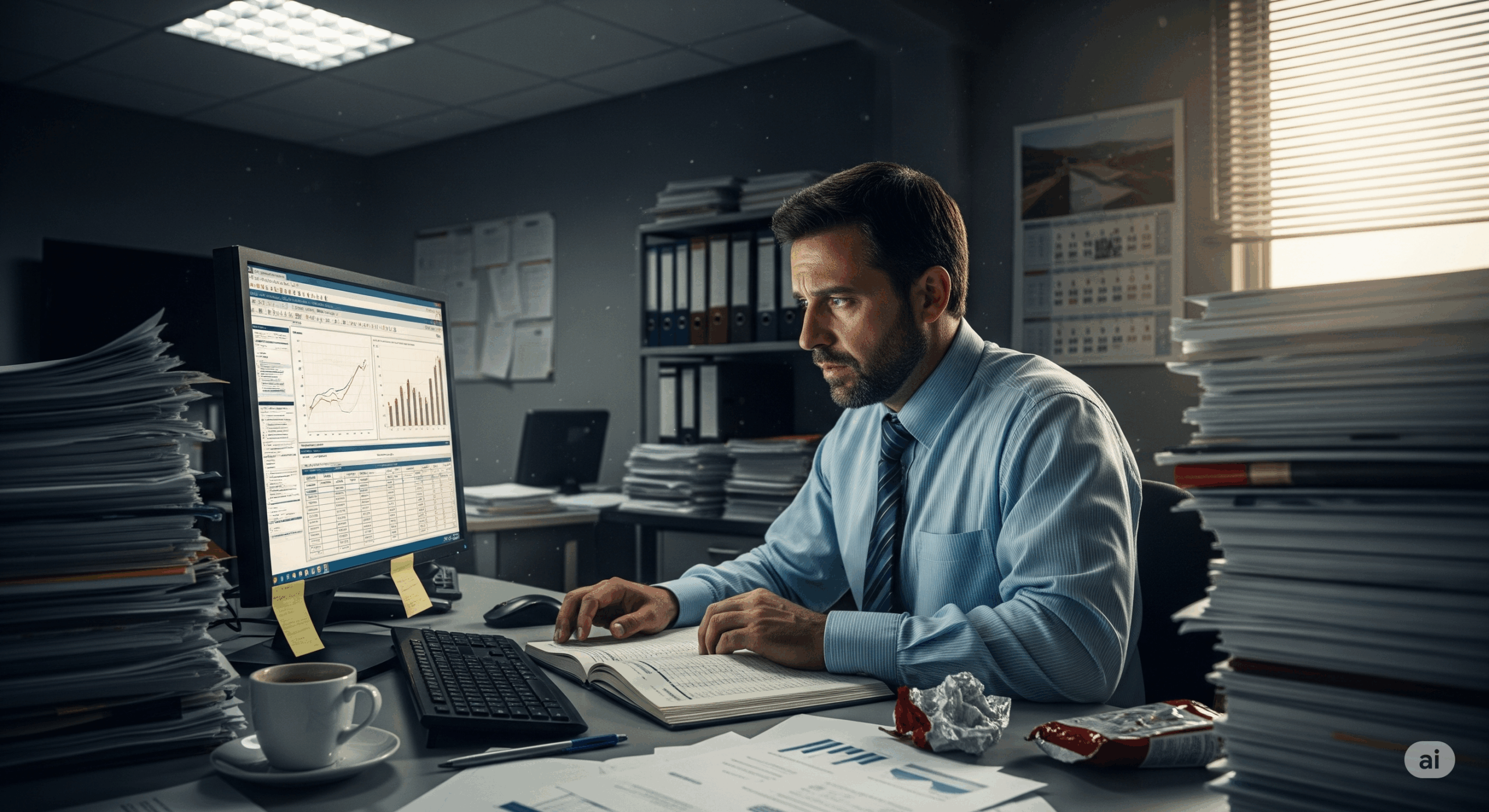 A imagem mostra um empresário de barba, vestido com uma camisa social azul e gravata, sentado em sua mesa de escritório. Ele está olhando para a tela de um computador que exibe gráficos e tabelas complexas, com linhas e informações financeiras. À sua frente, a mesa está desorganizada, com pilhas de documentos, papéis avulsos, um copo de café e embalagens de lanche amassadas. O empresário apoia uma das mãos na mesa e a outra está sobre um caderno aberto, enquanto sua expressão facial demonstra preocupação e estresse. Ao redor dele, pilhas de documentos e fichários se acumulam, reforçando a sensação de sobrecarga. A cena é iluminada por uma luz de teto fria e uma luz natural que entra por uma janela com persianas ao fundo, revelando parte do exterior.