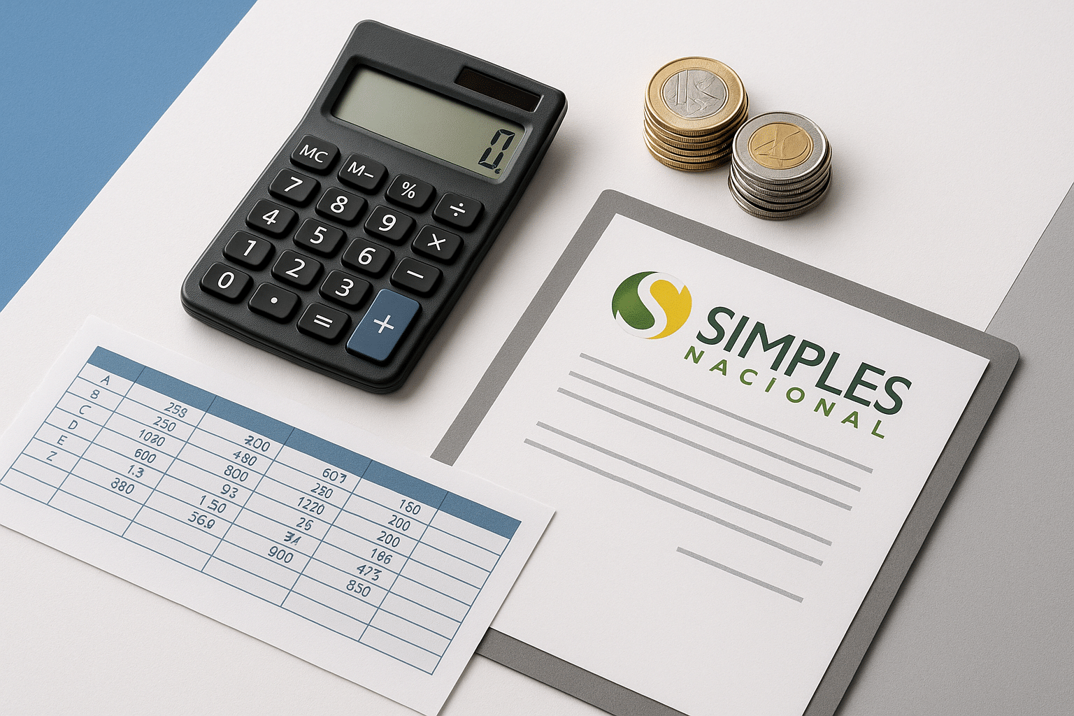 magem ultra moderna representando o conceito do Simples Nacional, com ícones ultra real de calculadora, planilha, moedas e documento oficial, dispostos de forma organizada sobre um fundo branco com detalhes em azul contábil e cinza claro.