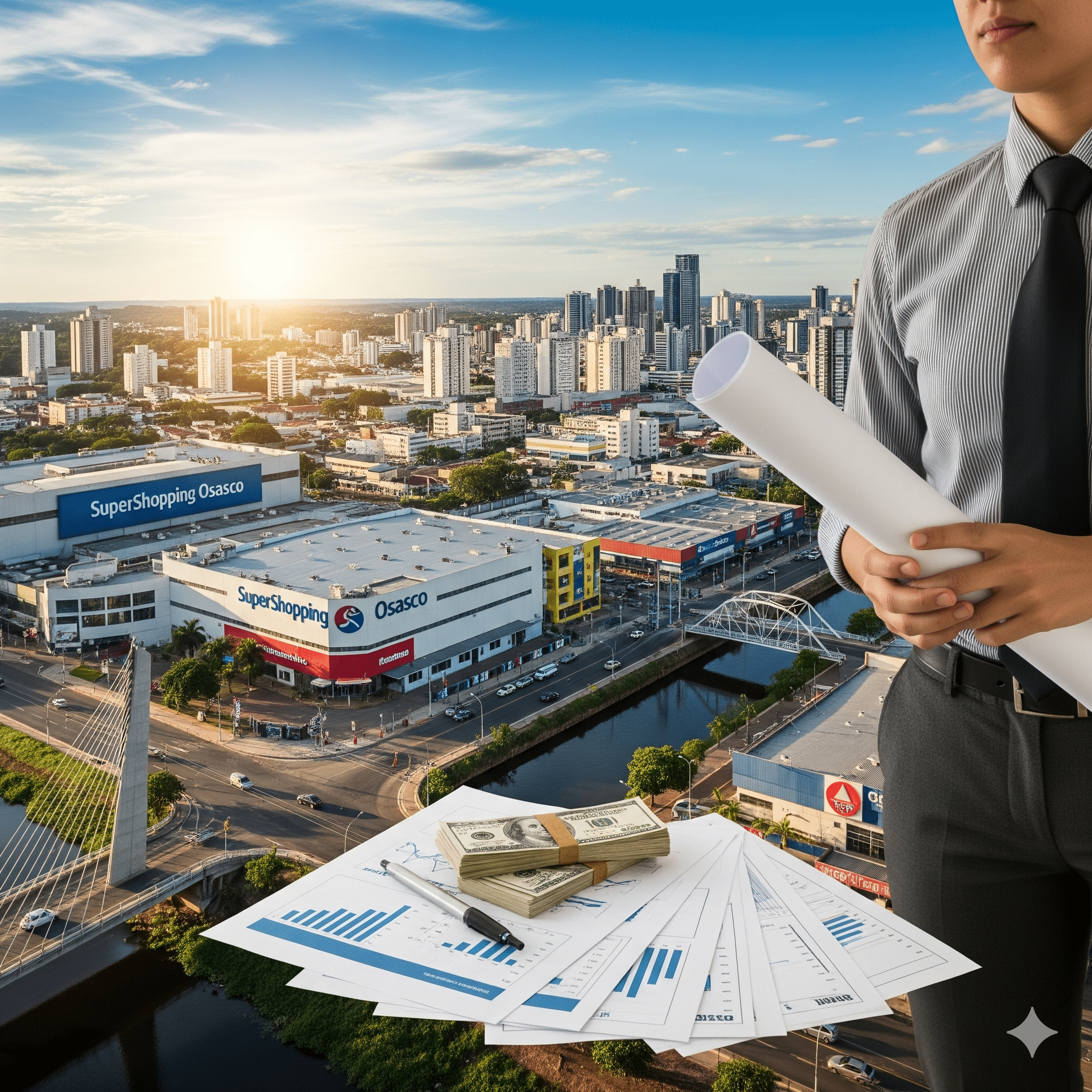 A imagem mostra uma pessoa de terno e gravata, segurando um projeto enrolado. À frente dela, sobre uma superfície, há documentos financeiros com gráficos e uma pilha de dinheiro. Ao fundo, um cenário de Osasco, com edifícios, pontes e o SuperShopping Osasco visíveis. O sol está se pondo, iluminando a cena com uma luz quente. A imagem transmite a ideia de planejamento e abertura de um novo negócio na cidade.