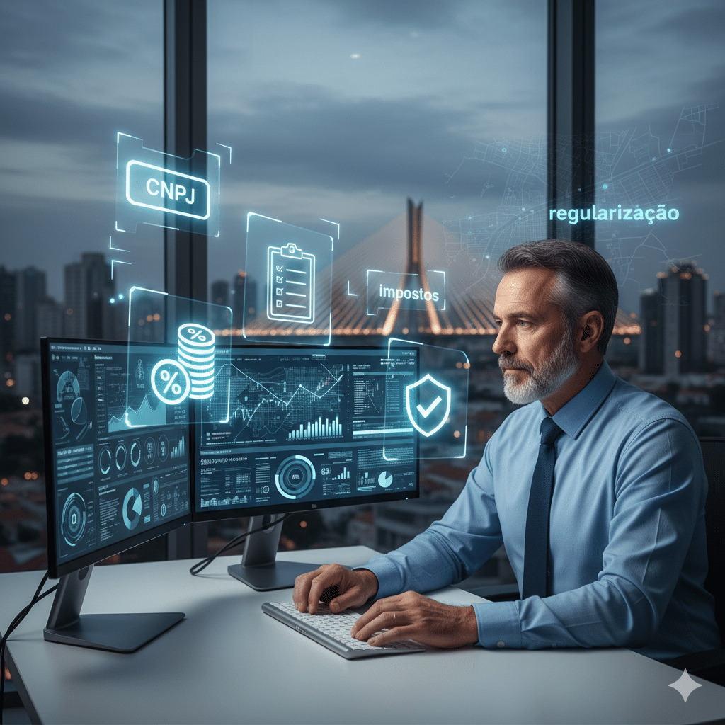 A imagem é uma fotografia ultra-realista e profissional de um escritório moderno. Nela, um empreendedor está sentado de costas, focado em um monitor, analisando gráficos e planilhas que mostram dados financeiros. Ao redor da figura do empreendedor, flutuam ícones estilizados que representam elementos-chave da gestão de um negócio: um ícone de CNPJ, um checklist de tarefas, ícones de impostos (representados por uma calculadora e notas de dinheiro) e símbolos de regularização e documentação. Ao fundo, a janela do escritório oferece uma vista sutil e desfocada da cidade de Osasco, com a silhueta de prédios de forma estilizada, inserindo a cena no contexto local. A paleta de cores predominante é o azul corporativo, o branco e o cinza claro, criando uma atmosfera limpa, séria e profissional.