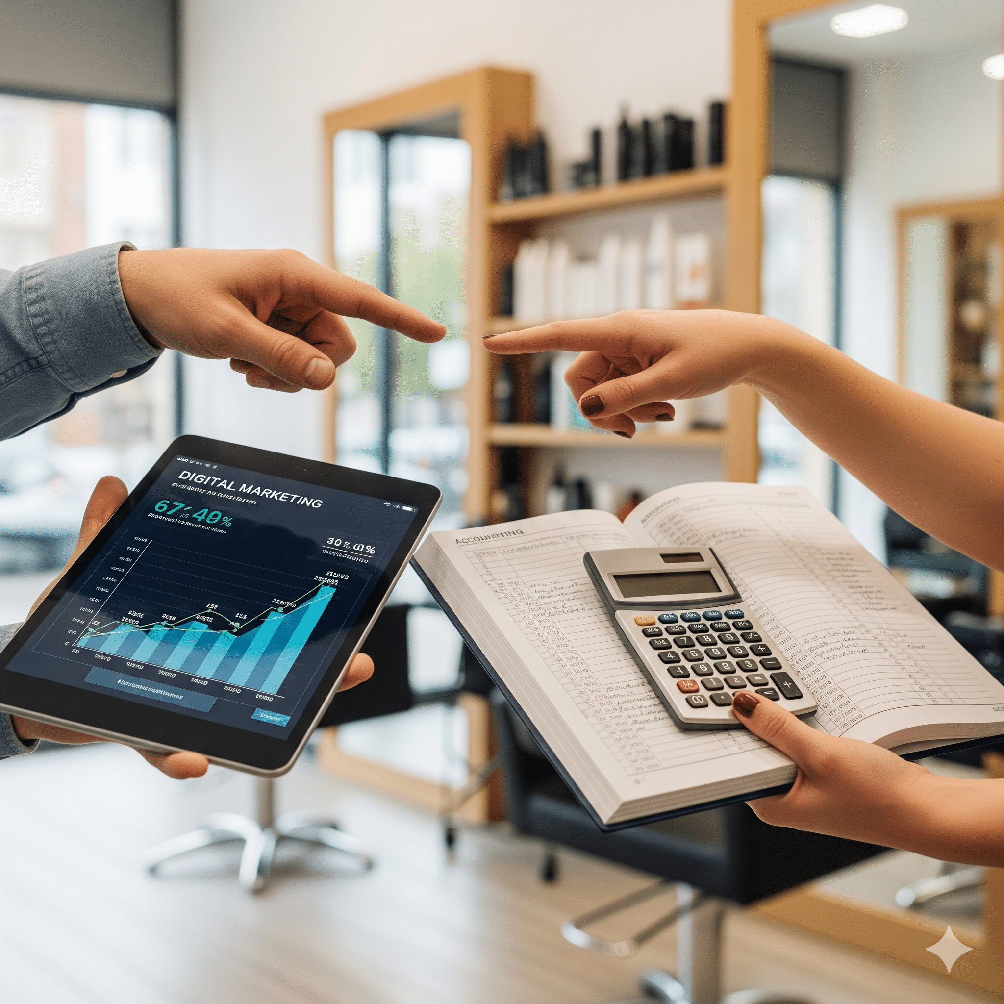 Uma foto de alta qualidade que retrata duas mãos unindo forças. Uma mão segura um tablet exibindo a tela de um gráfico de marketing digital, e a outra mão segura um livro contábil ou uma calculadora. O fundo é um salão de beleza limpo e bem iluminado, com cadeiras e espelhos visíveis. A imagem transmite a mensagem de que as duas áreas de negócio (marketing e contabilidade) estão trabalhando juntas. A paleta de cores é vibrante, com destaque para a luz natural, e a composição é focada na interação das mãos