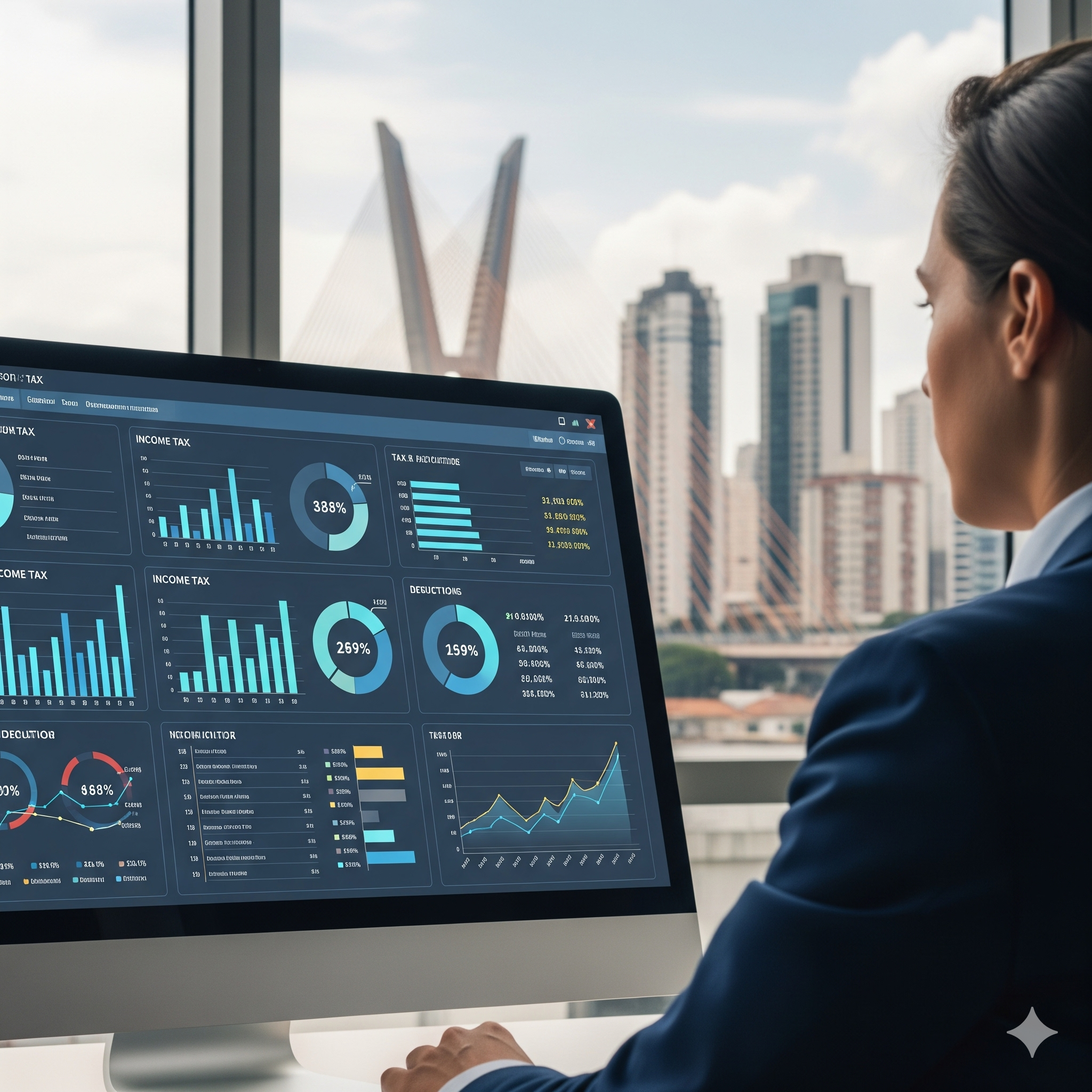A imagem mostra, em primeiro plano, um profissional de negócios, com roupas formais, de costas para quem observa e de perfil. A pessoa está sentada em uma mesa, em frente a um monitor de computador que exibe um painel de controle com diversos gráficos e dados financeiros. No painel, são visíveis gráficos de barras, pizza e linhas, além de números e porcentagens que parecem representar informações sobre impostos e finanças corporativas. Ao fundo, através de uma grande janela, a paisagem da cidade de Osasco é sutilmente revelada. O destaque é a Ponte Estaiada de Osasco, que domina a vista com sua estrutura de cabos e pilares, e prédios altos ao redor. A imagem tem um estilo profissional e moderno, combinando elementos de tecnologia e finanças com o cenário urbano de Osasco.