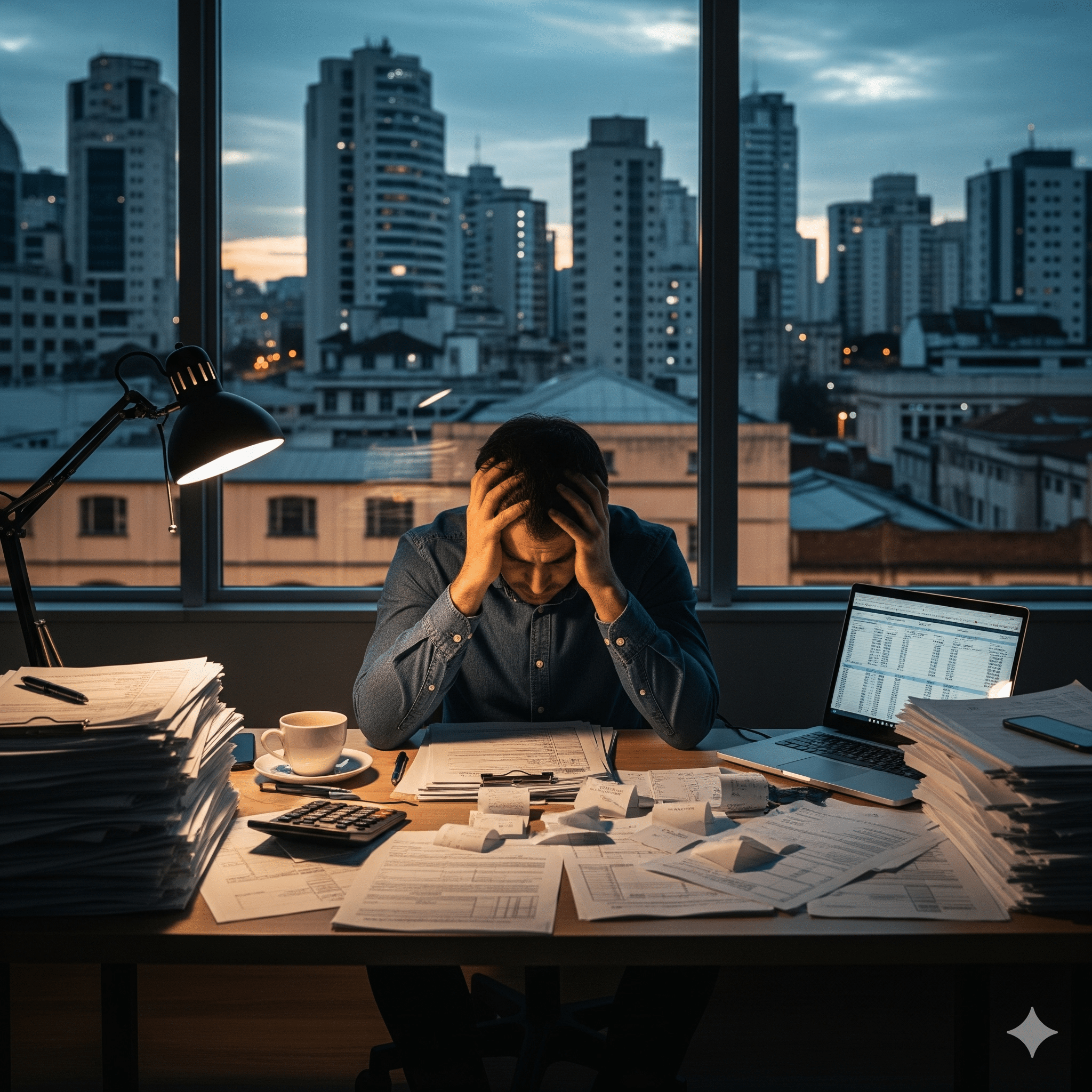 A imagem mostra um pequeno empresário sentado em uma escrivaninha bagunçada, com as mãos na cabeça, demonstrando estresse. Ele está rodeado por pilhas de documentos fiscais, recibos e uma calculadora. Ao fundo, através de uma grande janela, é possível ver um horizonte urbano que lembra as cidades de Osasco ou São Paulo, com arranha-céus modernos e estruturas mais antigas. A cena se passa no final da tarde, com a luz do sol se pondo e as luzes da cidade começando a acender. Sobre a mesa, há um notebook aberto mostrando planilhas, uma xícara de café e um abajur aceso, que ilumina o rosto do empresário e os papéis, realçando sua expressão de preocupação e cansaço.