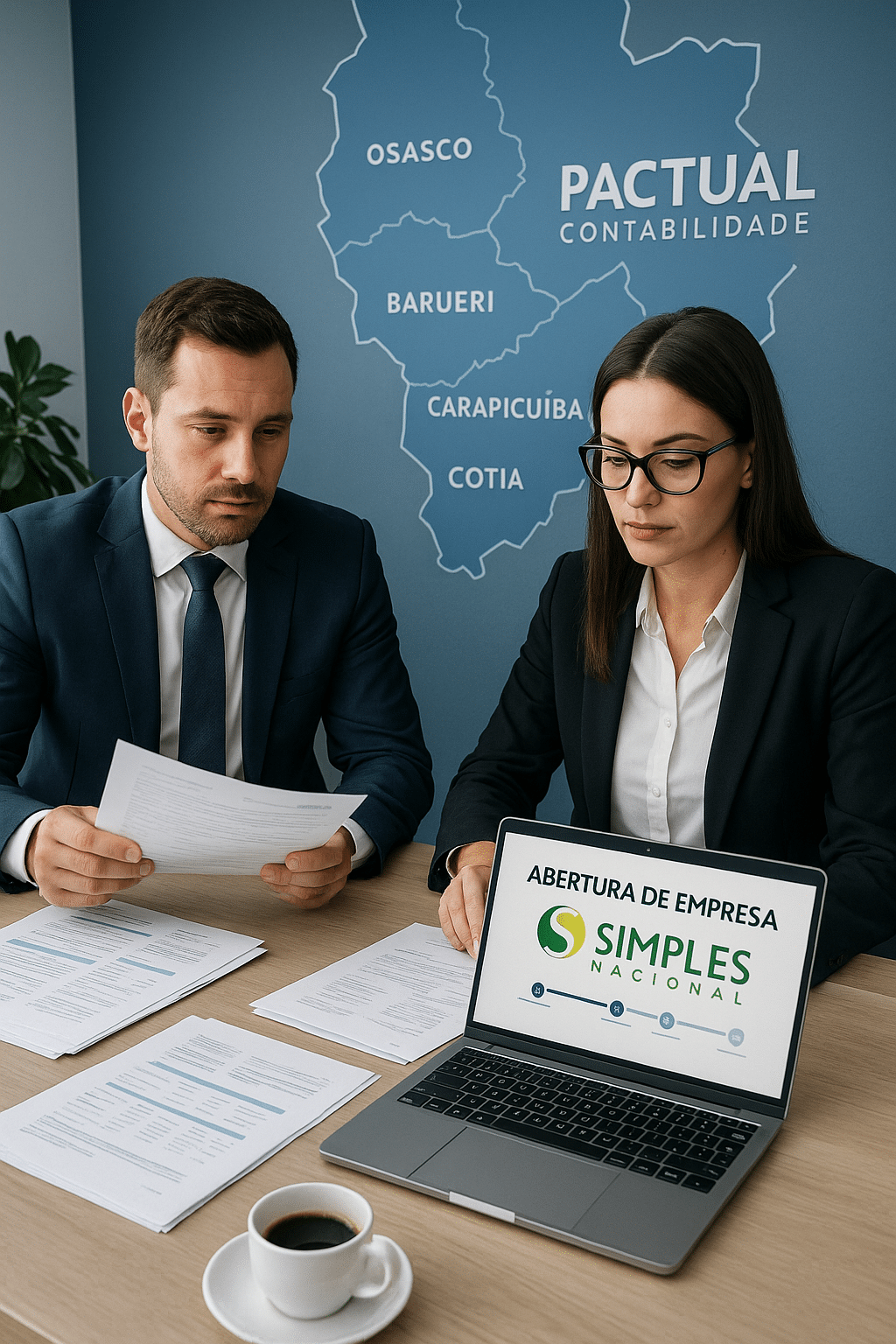 Um empresário e uma contadora estão sentados em um escritório moderno, revisando documentos e um notebook que exibe o processo de abertura de empresa no Simples Nacional. Sobre a mesa há papéis organizados e uma xícara de café, transmitindo profissionalismo e foco. Ao fundo, um mapa destaca as cidades de Osasco, Barueri, Carapicuíba e Cotia, representando a área de atuação da Pactual Contabilidade. O ambiente tem tons de azul contábil, branco e cinza claro, com iluminação suave e estilo corporativo contemporâneo, reforçando a confiança e a credibilidade do serviço contábil.