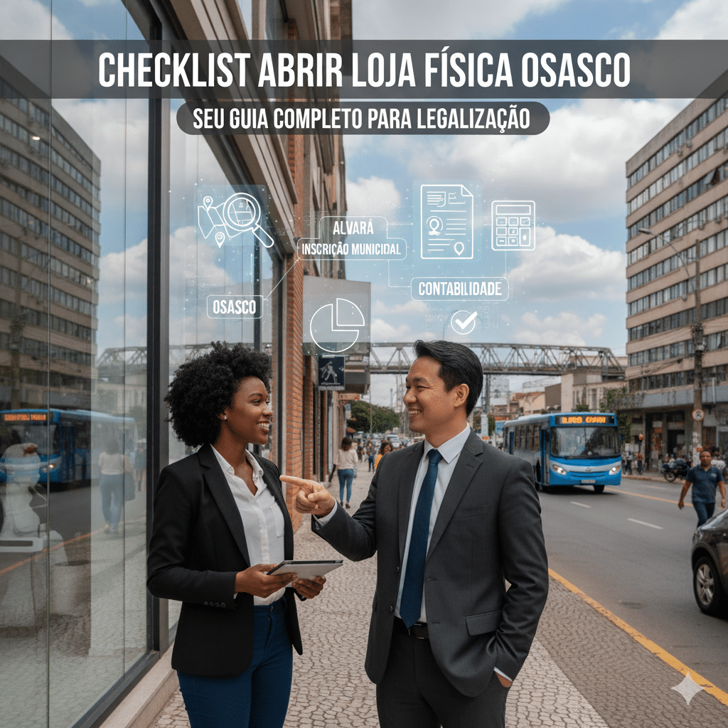 A imagem mostra dois profissionais conversando em frente a uma loja comercial em Osasco, em um ambiente urbano e movimentado. Eles parecem discutir a abertura do estabelecimento, transmitindo profissionalismo, parceria e confiança. Ao fundo, vê-se uma rua com ônibus, prédios comerciais e pedestres, reforçando o contexto da cidade de Osasco.