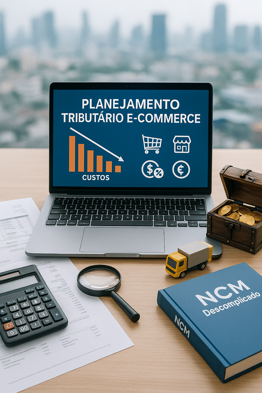 A imagem mostra uma mesa de escritório com um laptop aberto. Na tela do laptop, há um gráfico de barras que demonstra uma queda nos custos, acompanhado do texto "PLANEJAMENTO TRIBUTÁRIO E-COMMERCE" e ícones relacionados a compras online e finanças. Ao redor do laptop, há diversos elementos que remetem a contabilidade e e-commerce: uma calculadora, papéis com faturas, lupas, um caminhão de entregas em miniatura, um livro intitulado "NCM Descomplicado" e um baú do tesouro cheio de moedas de ouro, simbolizando economia e lucro. O fundo desfocado apresenta uma vista de uma cidade, sugerindo um ambiente corporativo moderno.