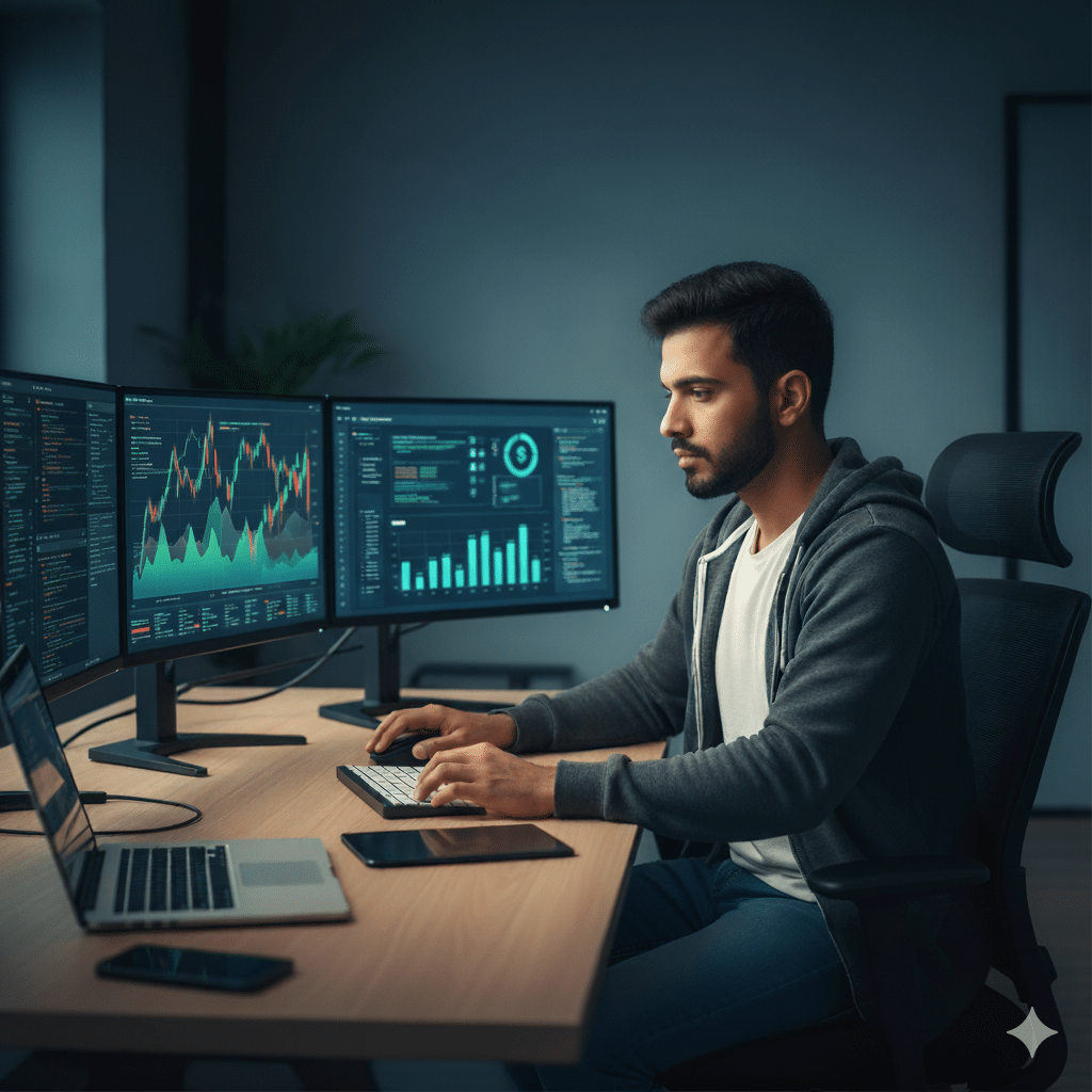 A imagem mostra um profissional de tecnologia, um homem jovem, sentado em uma mesa de trabalho com três monitores grandes. Ele está olhando atentamente para as telas, que exibem gráficos e informações financeiras e de dados. As telas, iluminadas em tons de azul e verde, têm gráficos que sugerem análise de dados e contabilidade/finanças.O profissional está vestido com uma jaqueta cinza com capuz. Ele tem uma barba bem aparada e cabelo escuro, e está digitando em um teclado.