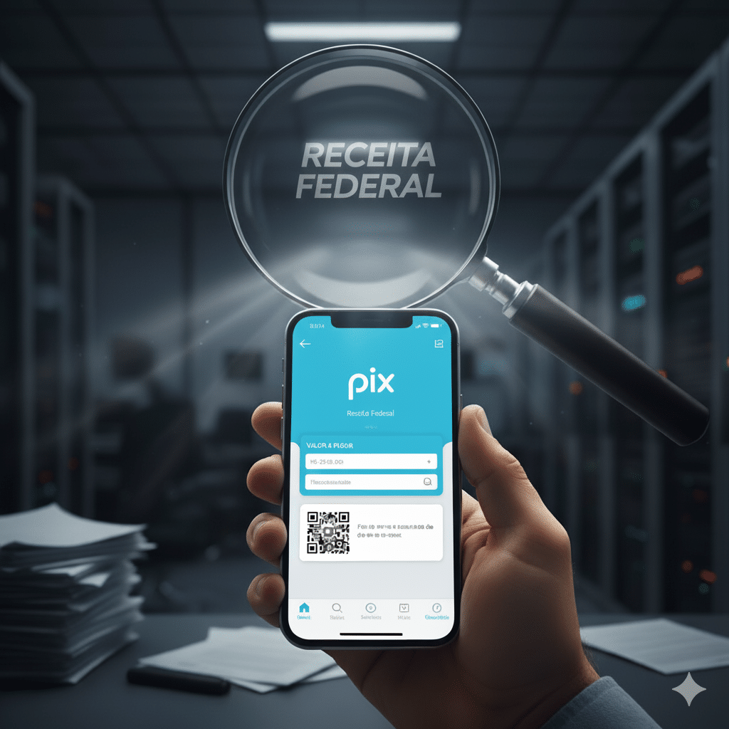 Imagem de uma mão segurando um celular com a tela do aplicativo Pix aberta, enquanto uma lupa aparece sobre a tela, simbolizando a Receita Federal analisando as movimentações financeiras. Fundo em tons de azul e cinza, com ar tecnológico e profissional