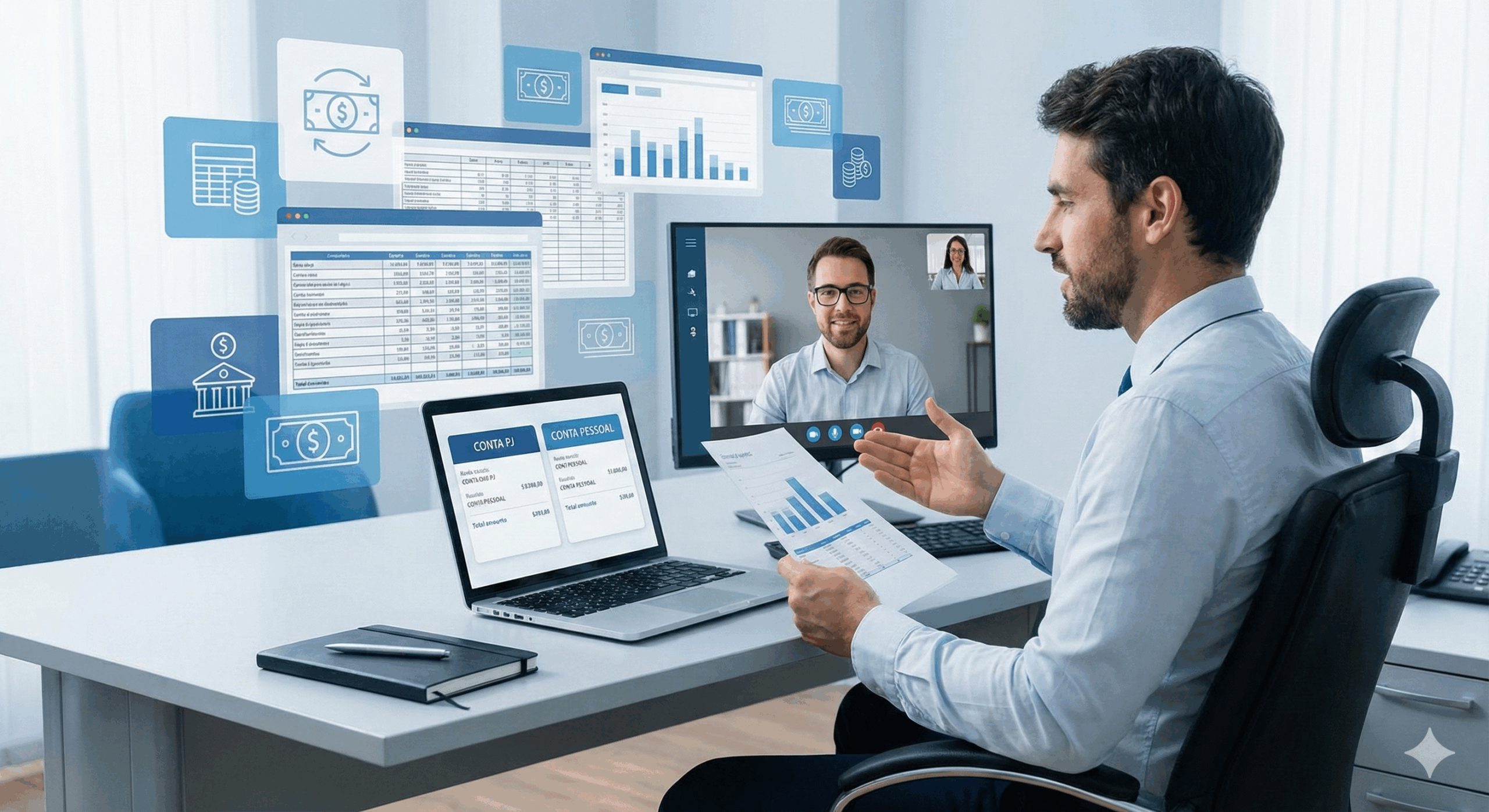 Empresário sentado à frente do notebook, com duas contas bancárias na tela (conta PJ e conta pessoal), avaliando relatórios financeiros e conversando com o contador. Ao fundo, elementos que remetam à contabilidade (gráficos, planilhas, ícones de dinheiro) transmitindo a ideia de organização financeira e transferência correta de valores da empresa para a pessoa física, com um visual moderno e profissional, nas cores azul contábil, branco e cinza claro