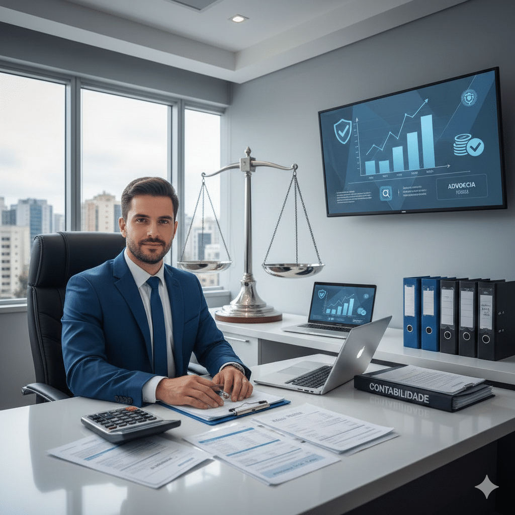 imagem ultra-realista de uma Cena moderna de contabilidade jurídica, no estilo de escritório contábil brasileiro. Um advogado profissional trabalhando em uma mesa com documentos financeiros, calculadora, notebook e a balança da justiça ao fundo. Gráficos, ícones fiscais, notas fiscais e pastas identificadas como “Contabilidade” e “Advocacia”. Ambiente limpo, moderno e corporativo. Paleta de cores azul, branco e cinza claro. Alta resolução, ideal para blog de escritório contábil.