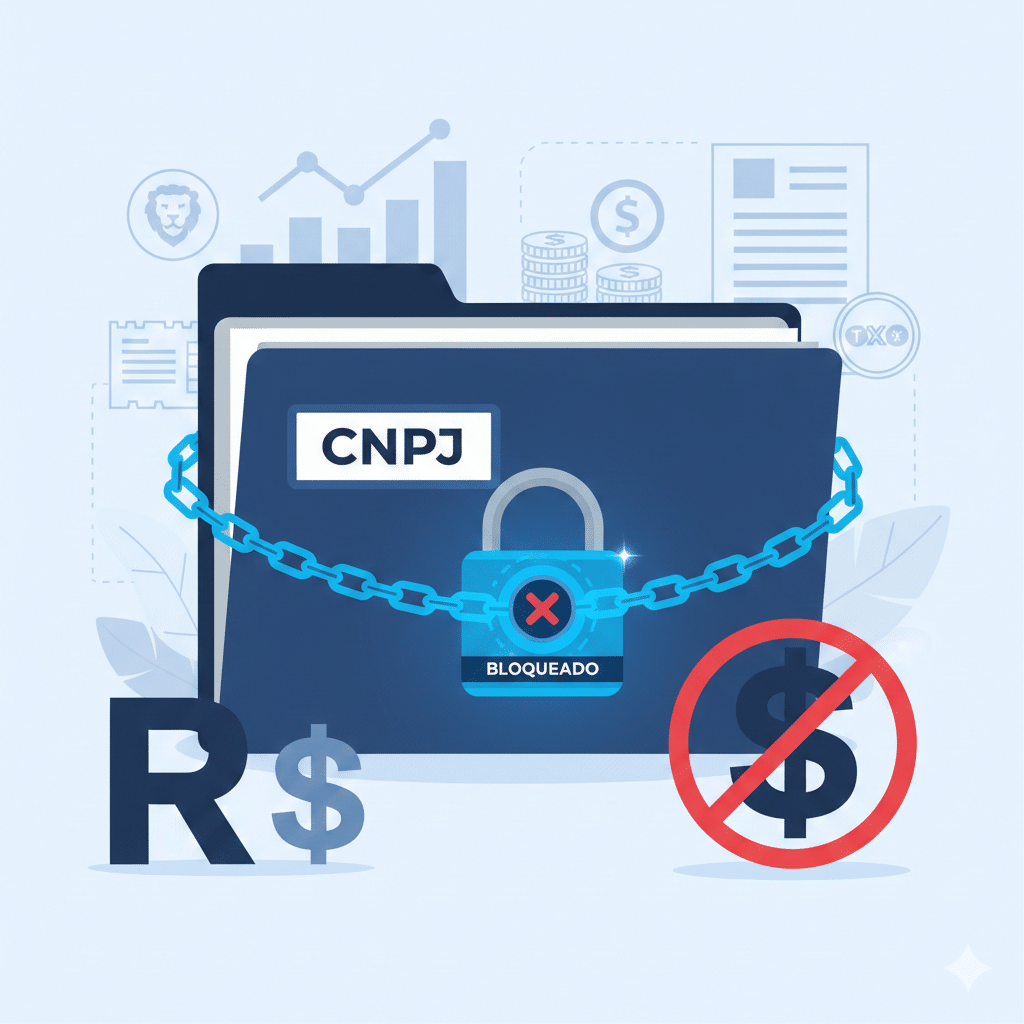 magem de conformidade financeira empresarial, no estilo de um escritório de contabilidade brasileiro. Uma ilustração moderna de uma pasta empresarial com o rótulo “CNPJ” sendo trancada por um cadeado digital, representando o bloqueio de uma empresa devido a dívidas. Iluminação corporativa suave, tons de azul e branco, layout limpo, ambiente financeiro profissional, com documentos, gráficos e ícones de impostos sutis ao fundo. Alta resolução, estilo minimalista e editorial, ideal para artigo de blog de um escritório de contabilidade.