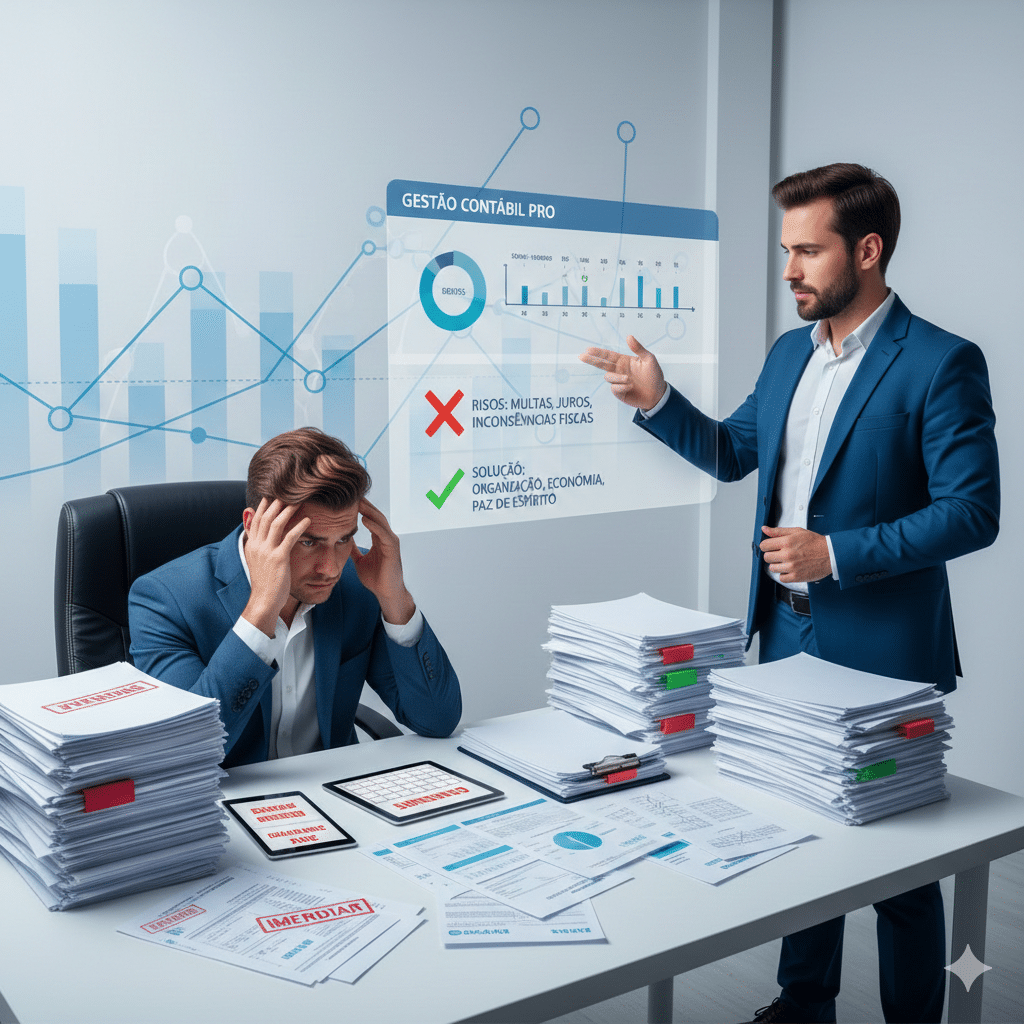 imagem profissional representando os riscos de manter uma empresa sem contador. Mostrar documentos fiscais, prazos, multas, um empresário preocupado observando papéis acumulados, ao lado de um contador orientando. Estilo moderno, cores azul contábil e cinza claro, identidade visual corporativa, cenário de escritório organizado, estética limpa, iluminação suave