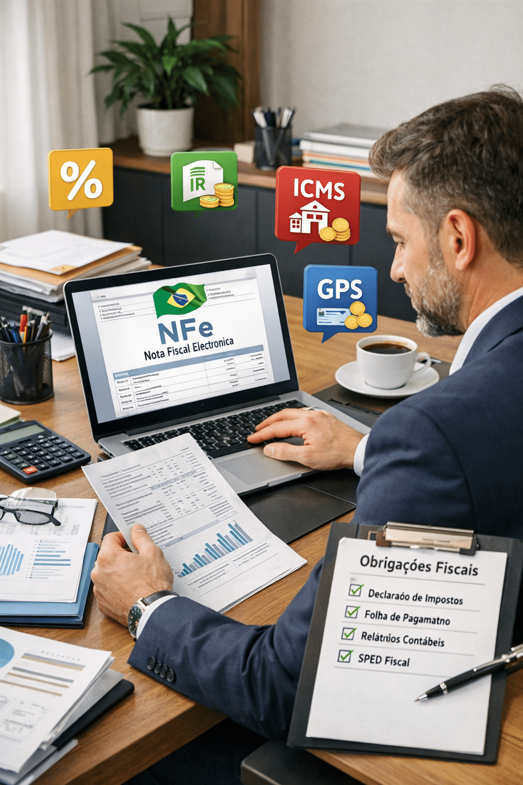 imagem ultra-realista de uma Cena de conformidade fiscal empresarial, estilo escritório contábil brasileiro. Imagem moderna mostrando um empresário analisando uma nota fiscal eletrônica em um notebook, com ícones de impostos, checklist de obrigações fiscais e documentos financeiros ao redor. Ambiente corporativo limpo e organizado, transmitindo segurança e profissionalismo.