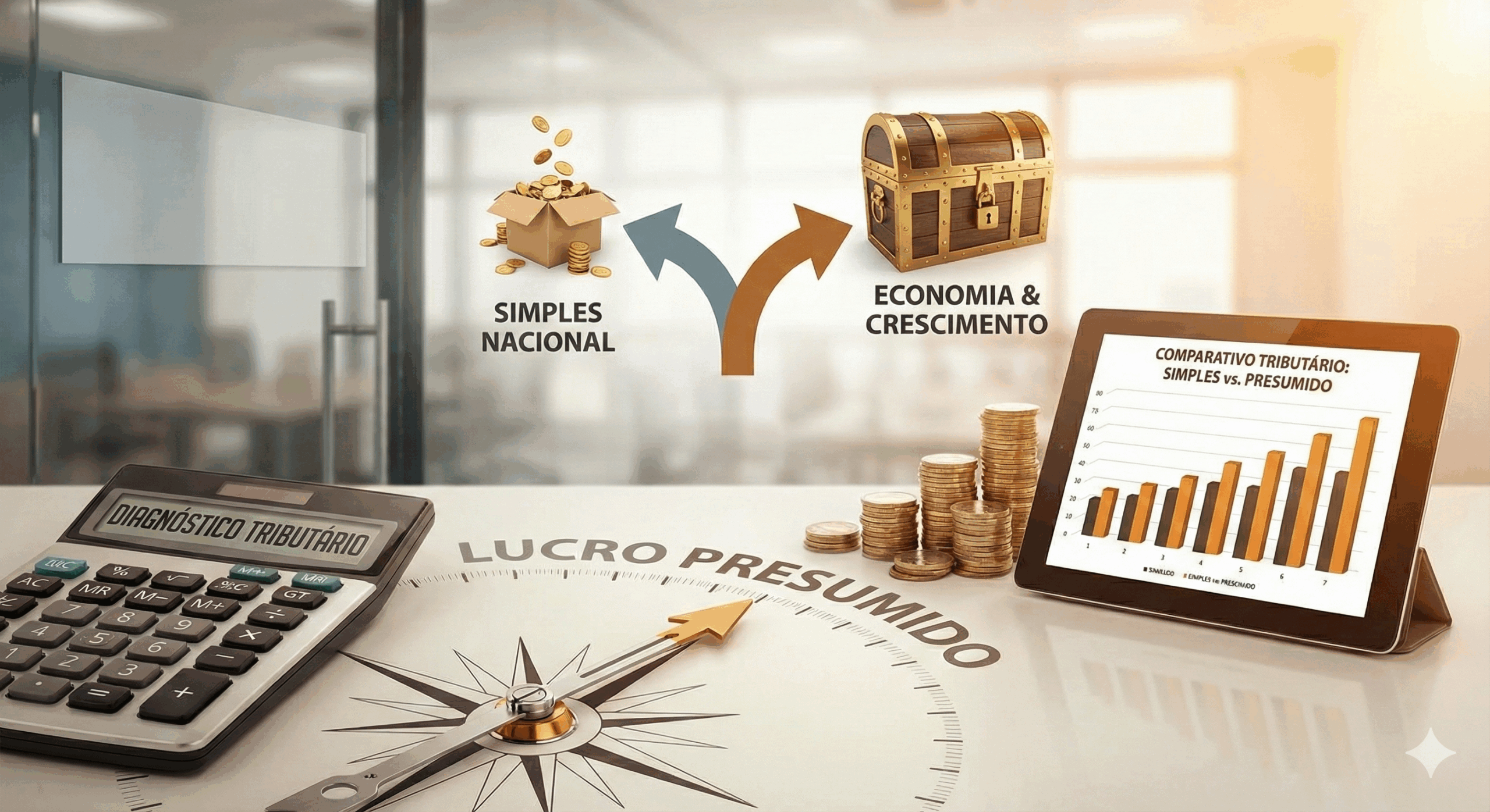 Mesa de escritório com bússola apontando para 'Lucro Presumido', calculadora exibindo 'Diagnóstico Tributário' e tablet com gráfico comparativo, ilustrando a estratégia de saída do Simples Nacional para gerar economia