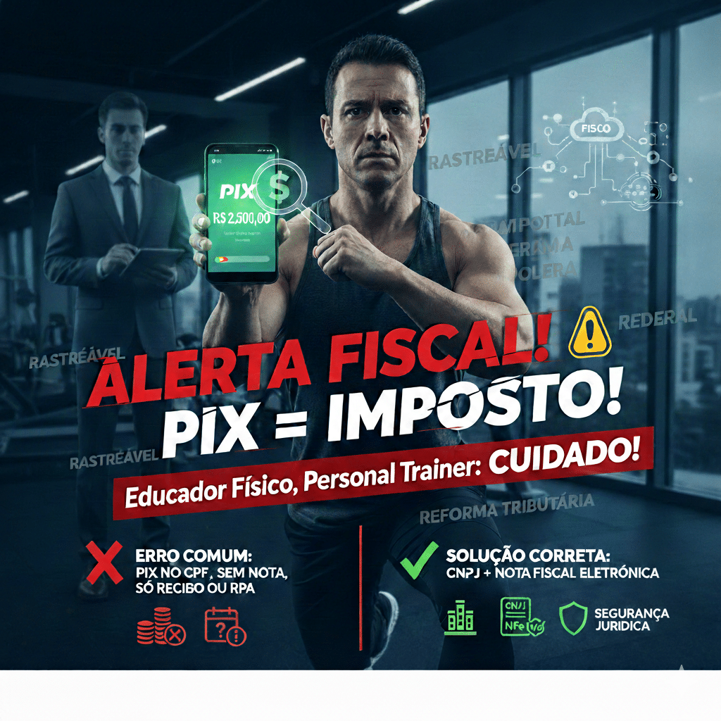 Educador físico, cuidado: receber PIX de alunos sem emitir nota fiscal tornou-se um alto risco. Com a fiscalização digital e a Reforma Tributária, a Receita Federal agora cruza dados bancários em tempo real, tornando toda movimentação no CPF rastreável. O uso de recibos simples ou RPA não oferece proteção e pode gerar impostos muito mais caros e multas pesadas. A única forma segura e econômica de trabalhar hoje é através de um CNPJ, emitindo Nota Fiscal Eletrônica para garantir total segurança jurídica e pagar menos impostos de forma legal. Não espere ser notificado; regularizar sua situação agora é o melhor investimento para o seu futuro profissional.