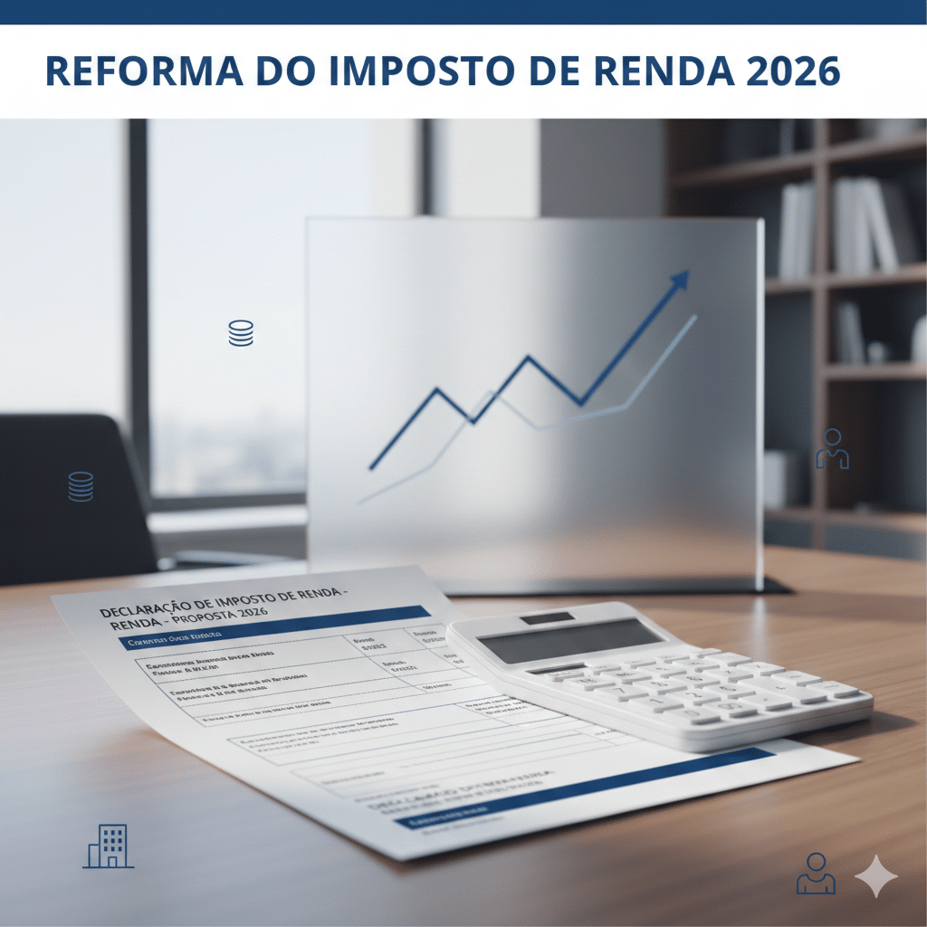 Imagem com estilo corporativo em tons de azul e branco sobre a Reforma do Imposto de Renda 2026. No centro, um formulário de declaração e uma calculadora branca sobre uma mesa de escritório. Ao fundo, um gráfico financeiro azul em um painel de vidro. No topo, o título 'REFORMA DO IMPOSTO DE RENDA 2026' em letras maiúsculas. Ícones discretos de moedas, pessoas e prédios aparecem de forma minimalista nas extremidades