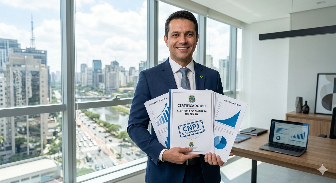 lustração moderna de abertura de empresa no Brasil, empresário segurando documentos com ícones de CNPJ, gráficos e crescimento, cidade urbana ao fundo, cores azul contábil, branco e cinza, estilo clean e profissional
