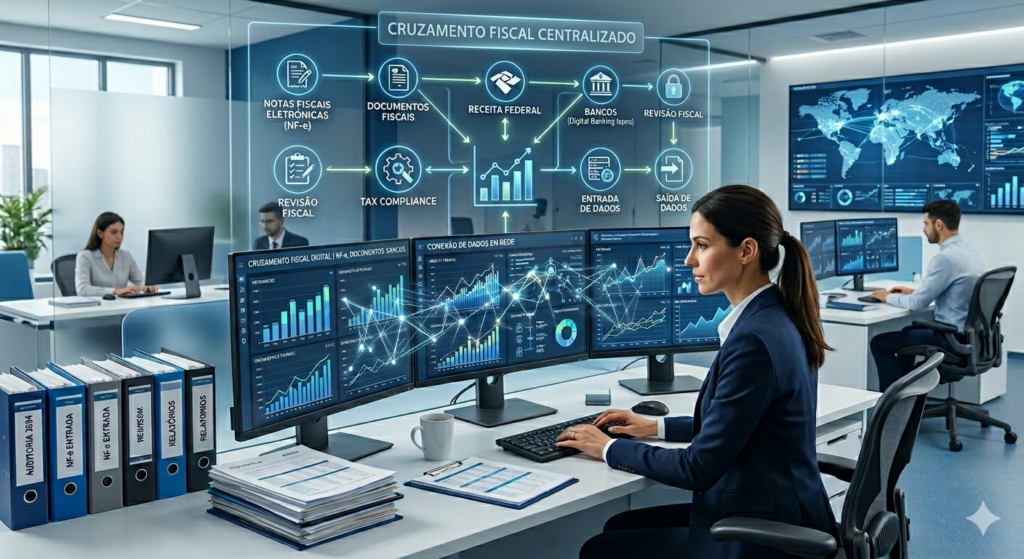 imagem moderna de um escritório contábil com gráficos financeiros digitais e conexão de dados em rede, representando classificações de informações fiscais. Elementos como documentos fiscais, notas fiscais eletrônicas, ícones de banco, gráficos e linhas conectando dados. Estilo corporativo, cores azul contábil, branco e cinza claro, visual profissional, iluminação limpa, alta resolução.